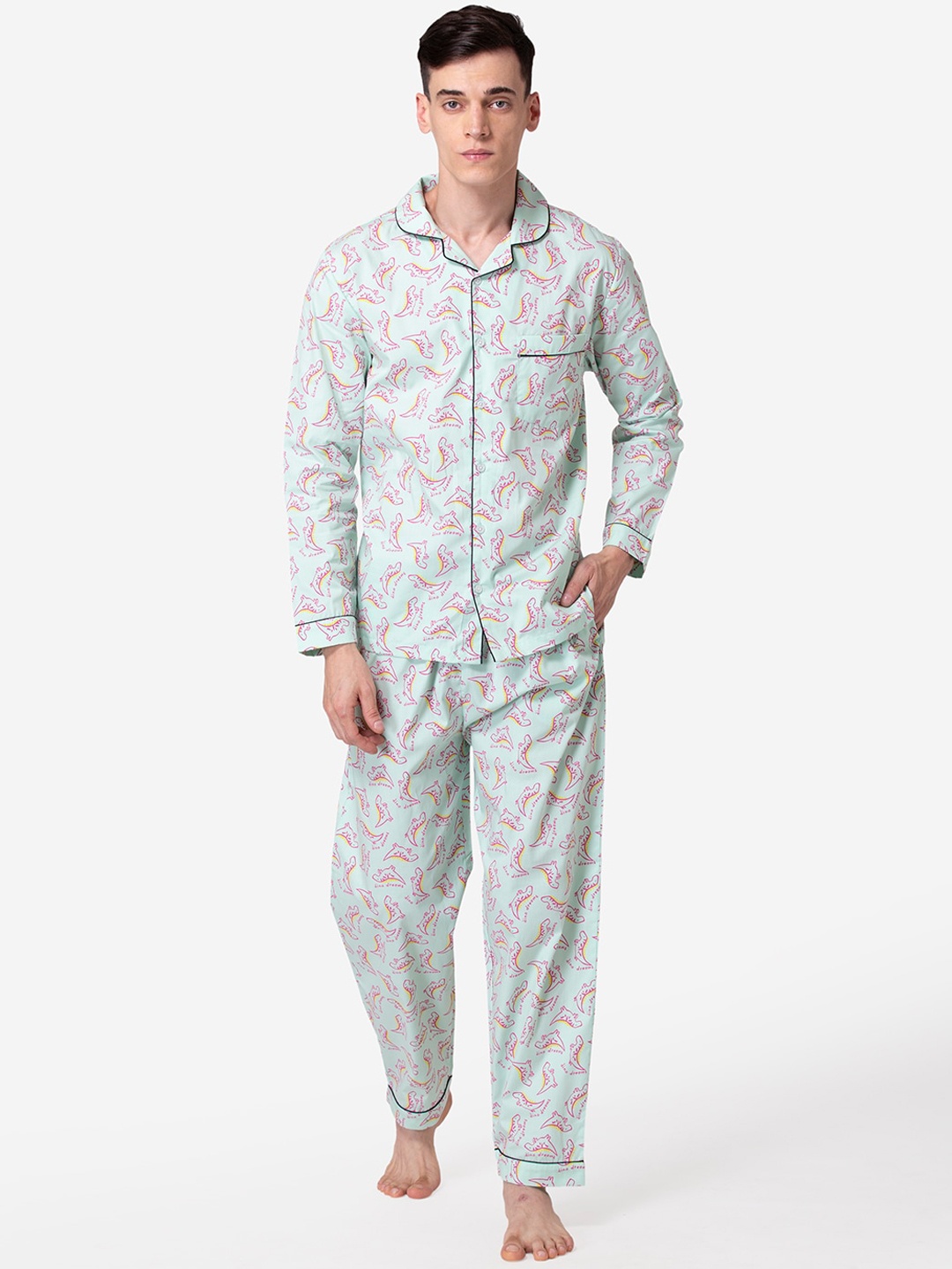 

Fluffalump Men Green & Pink Printed Pure Cotton Night suit