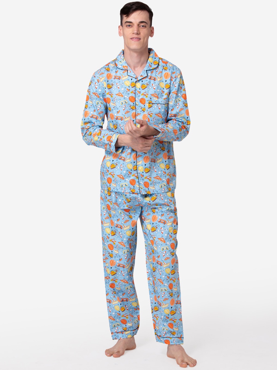 

Fluffalump Men Blue & Orange Printed Pure Cotton Night suit