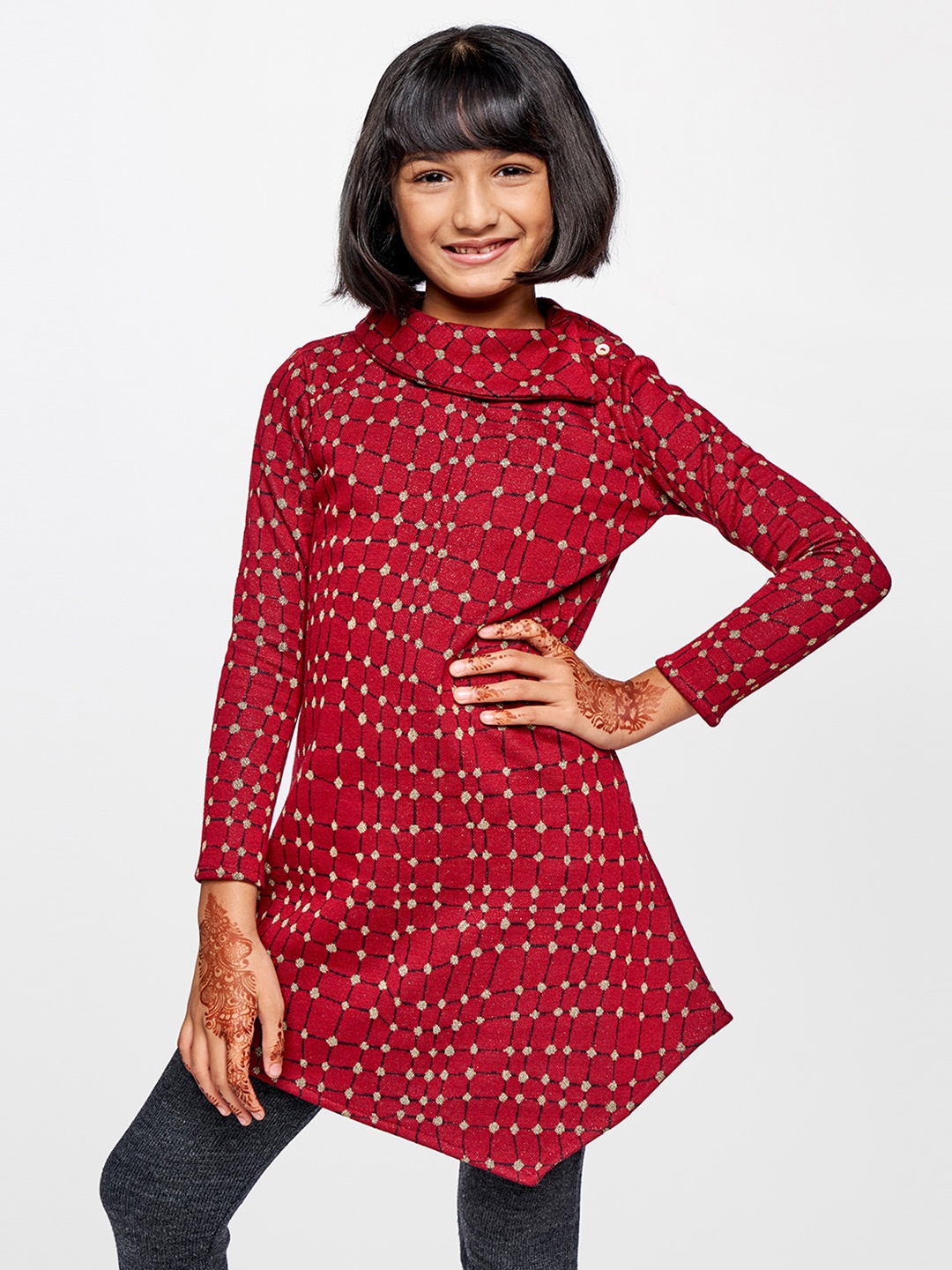 

Global Desi Girls Red & Beige Geometric Print Longline Top