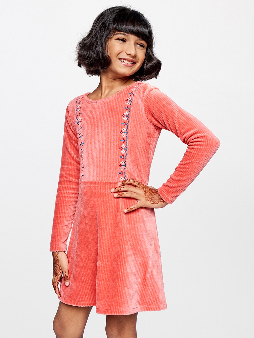 

Global Desi Coral Pink Velvet Fit & Flare Dress