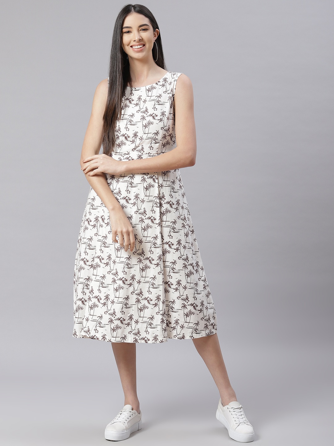 

Ayaany White & Taupe Floral Printed Pure Cotton A-Line Midi Dress