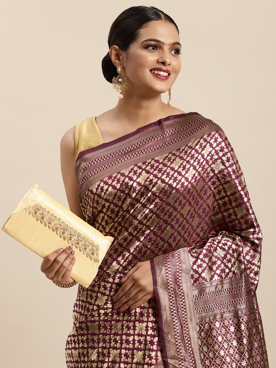 

Anouk Burgundy & Gold-Toned Woven Design Zari Pure Silk Heavy Work Banarasi Saree