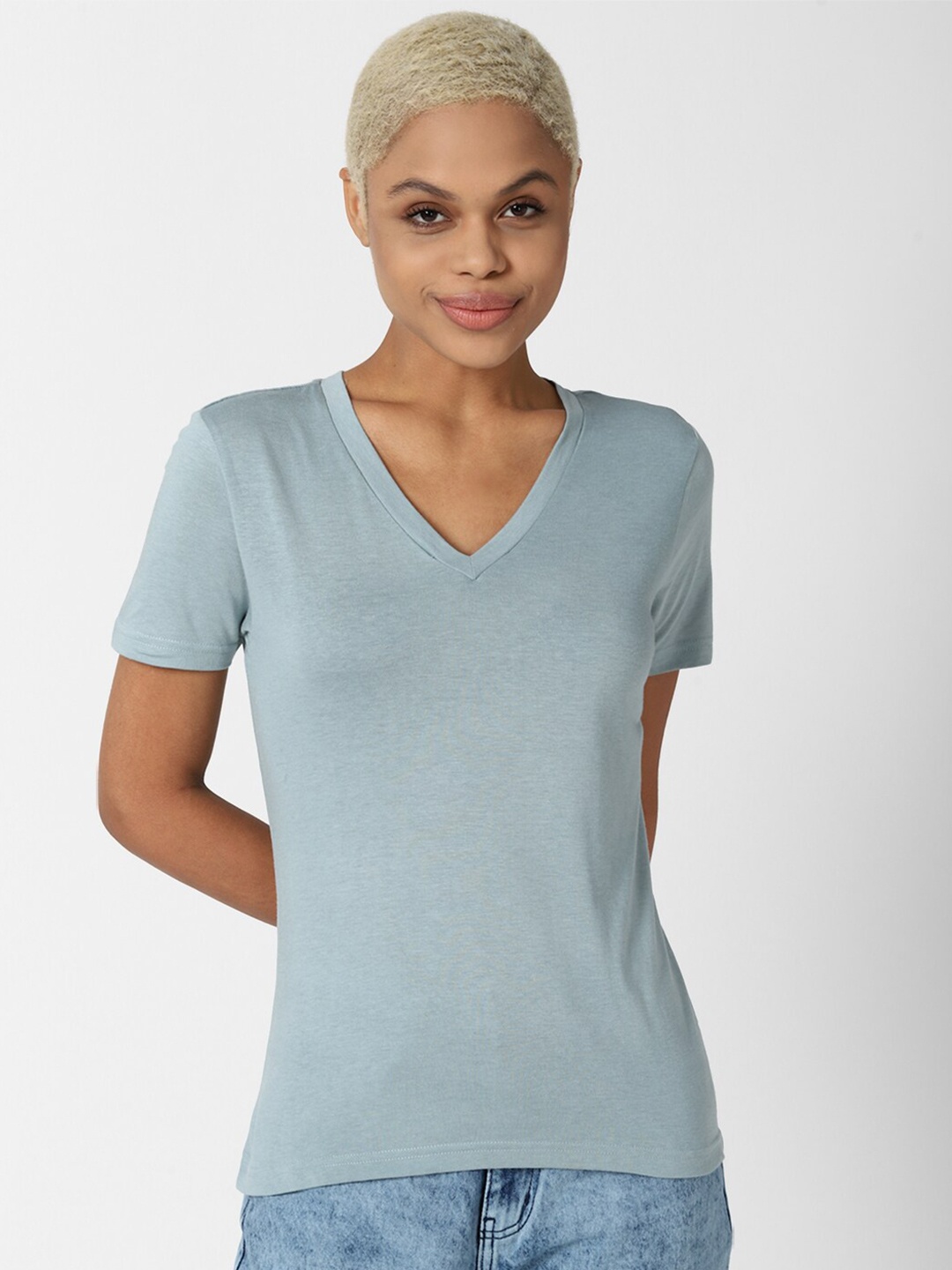 

FOREVER 21 Women Blue Slim Fit T-shirt