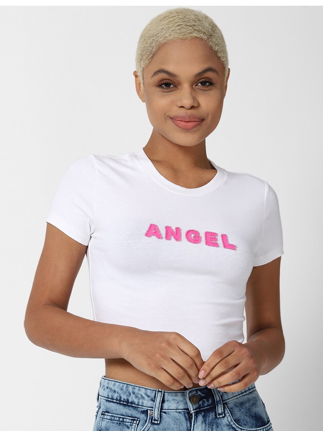 

FOREVER 21 White & Pink Printed Pure Cotton Crop Top