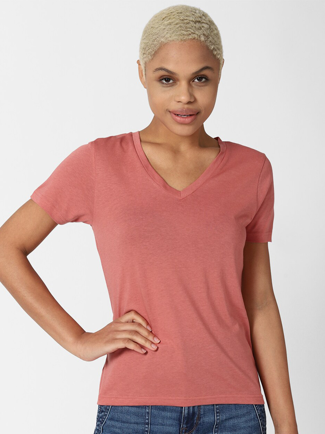 

FOREVER 21 Pink Solid V-Neck Top