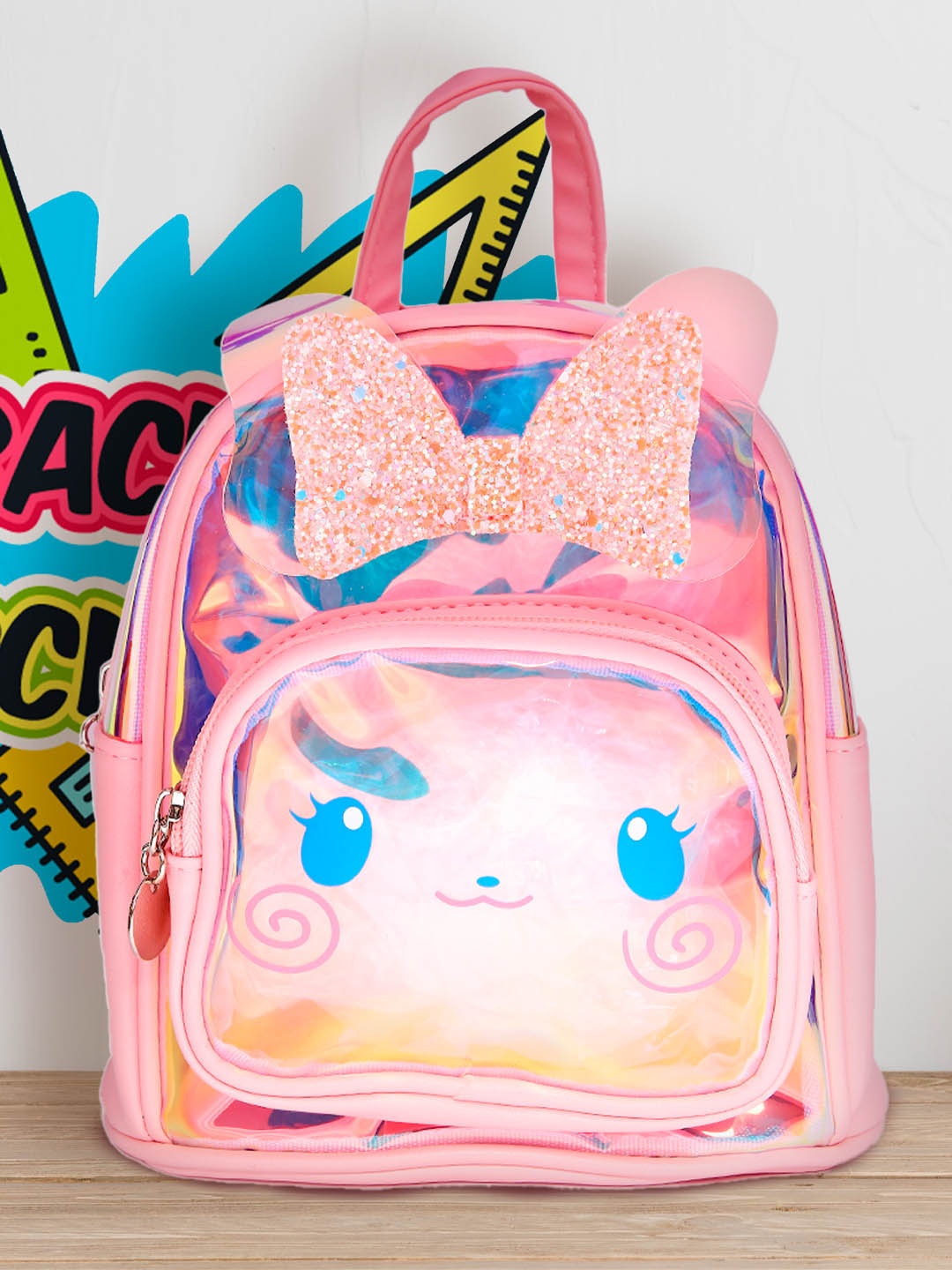 

POPLINS Kids Pink & Blue Graphic Bow Embellished Backpack
