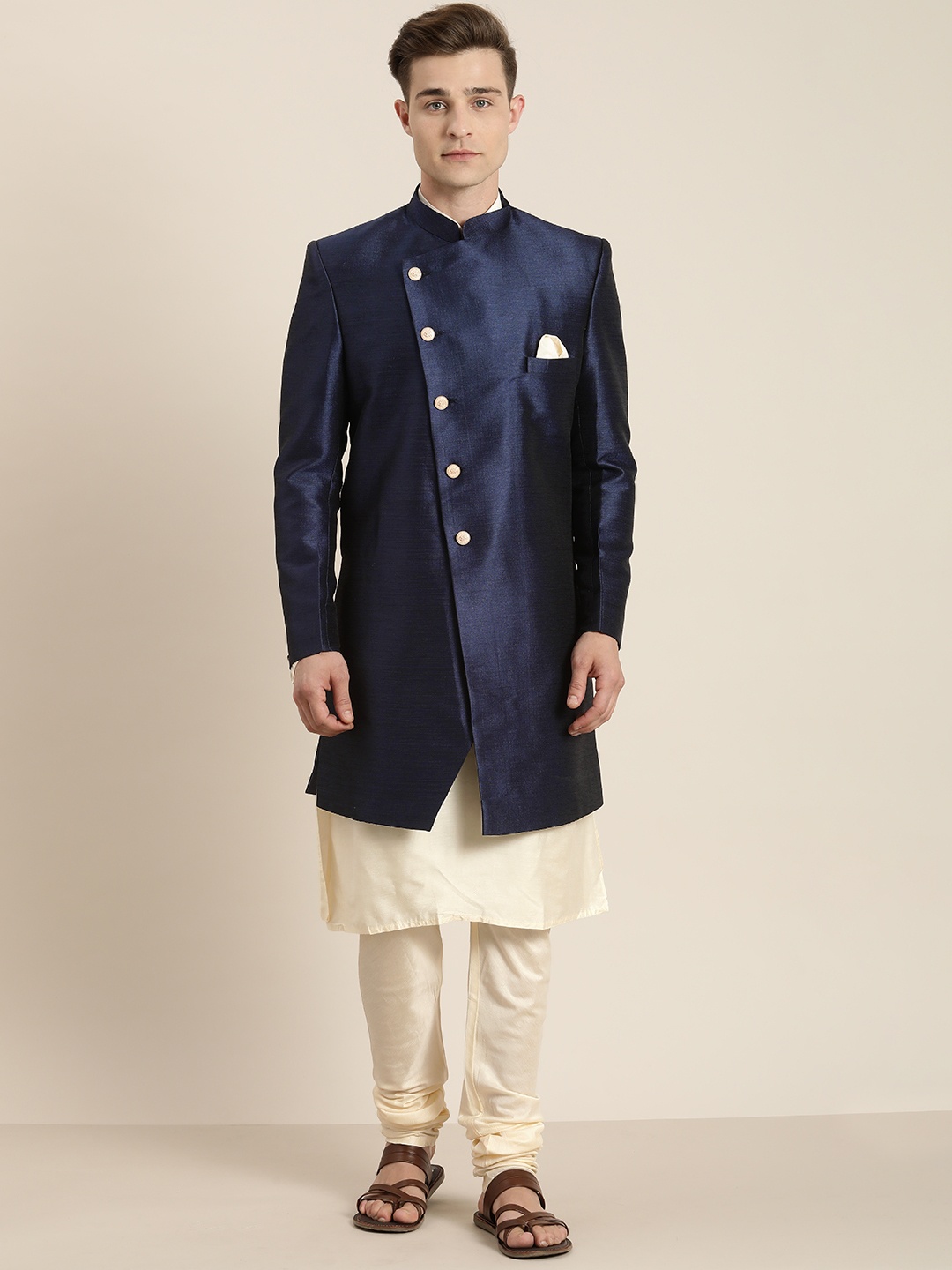 

VASTRAMAY Men Blue & Cream-Coloured Solid Angrakha Kurta Sherwani Set, Navy blue