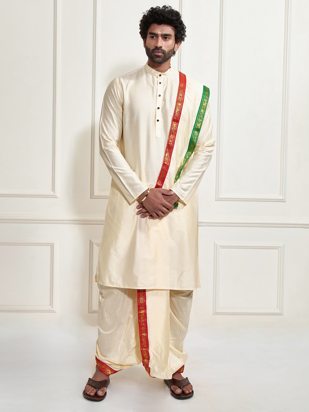 

VASTRAMAY Men Golden Kurta with Dhoti Pants & With Dupatta, Gold