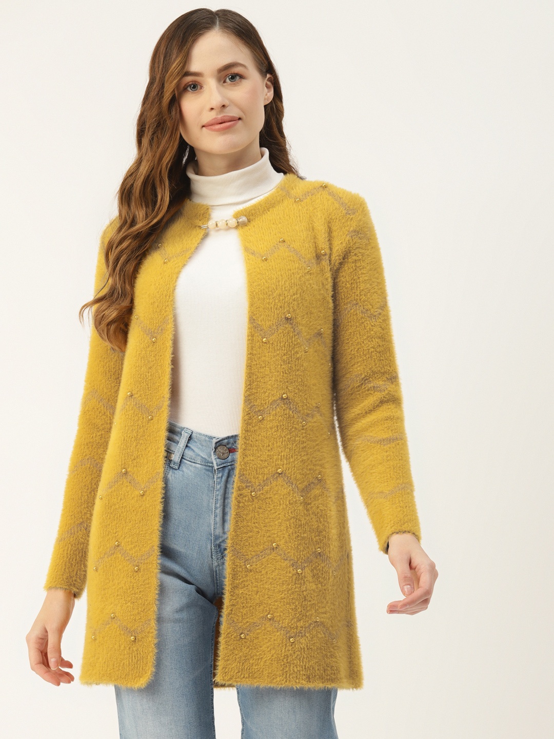 

BROOWL Women Mustard Yellow Chevron Self Design Longline Front Open Sweater