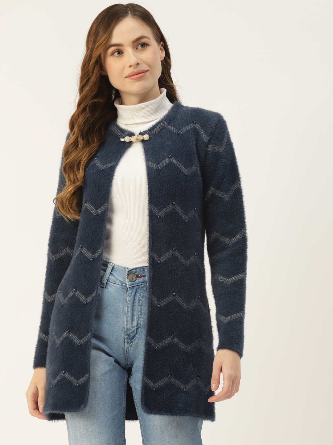 

BROOWL Women Navy Blue & White Chevron Patterned Embellished Fuzzy Longline Button Shrug