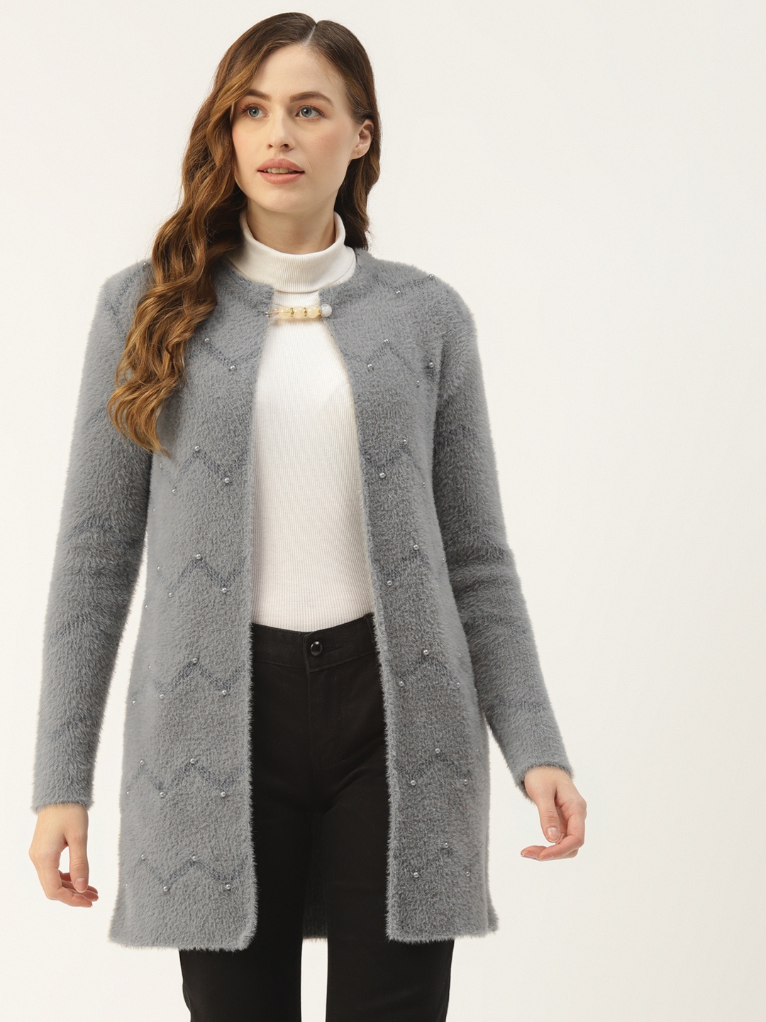 

BROOWL Women Grey Chevron Self Design Longline Front Open Sweater