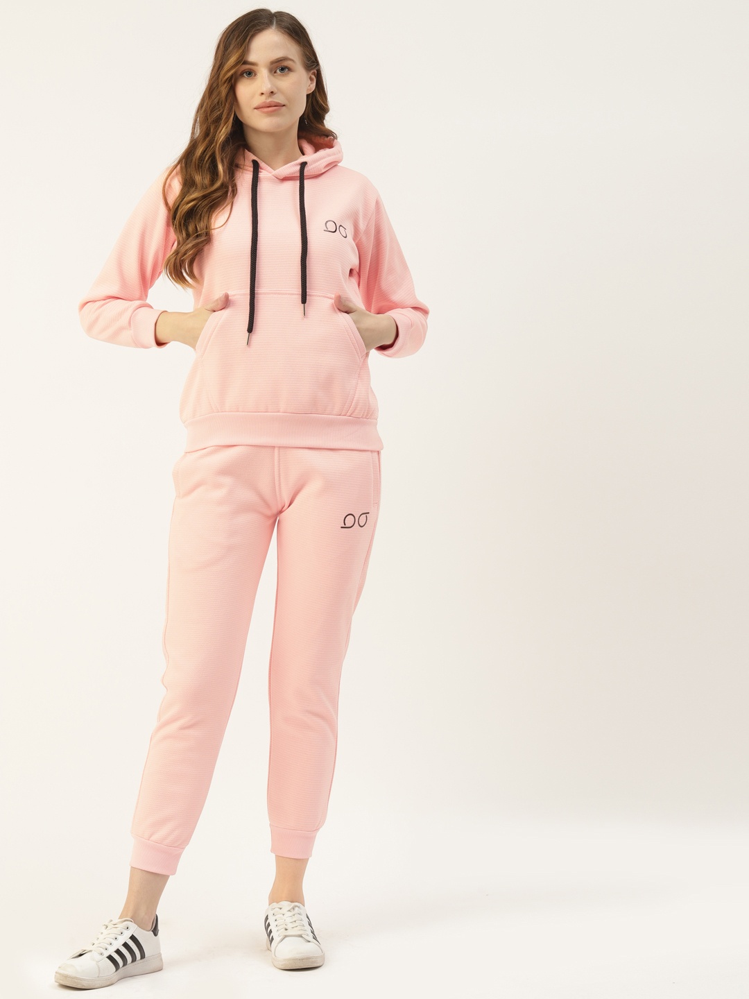 

BROOWL Women Pink Self Design Sweatshirt with Joggers