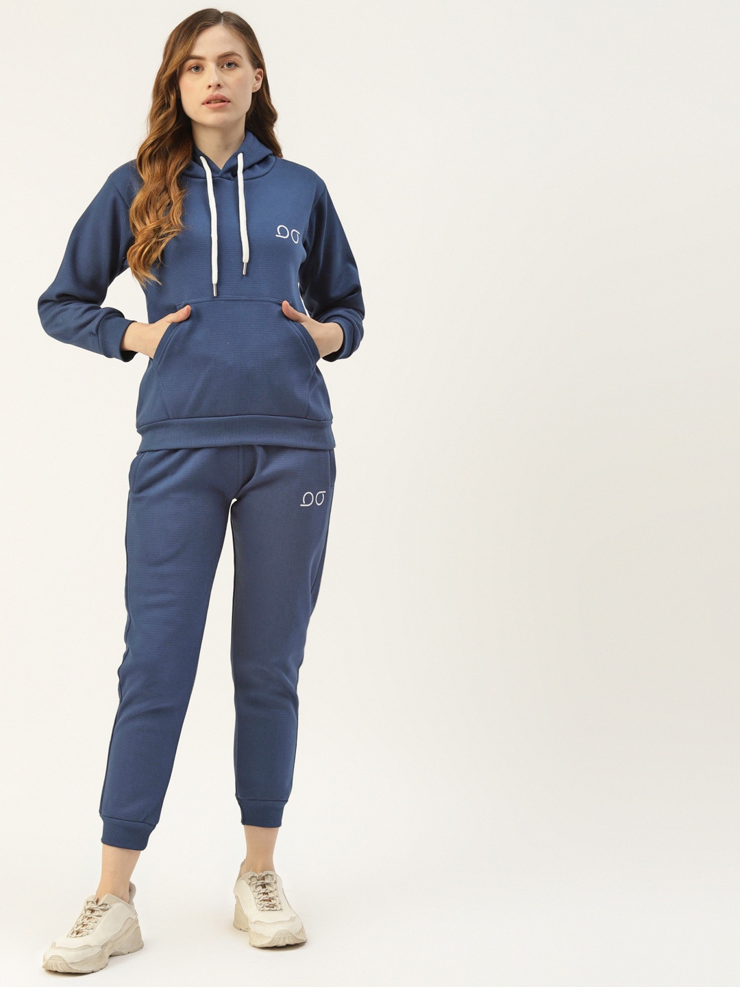 

BROOWL Women Navy Blue Self Design Sweatshirt with Joggers