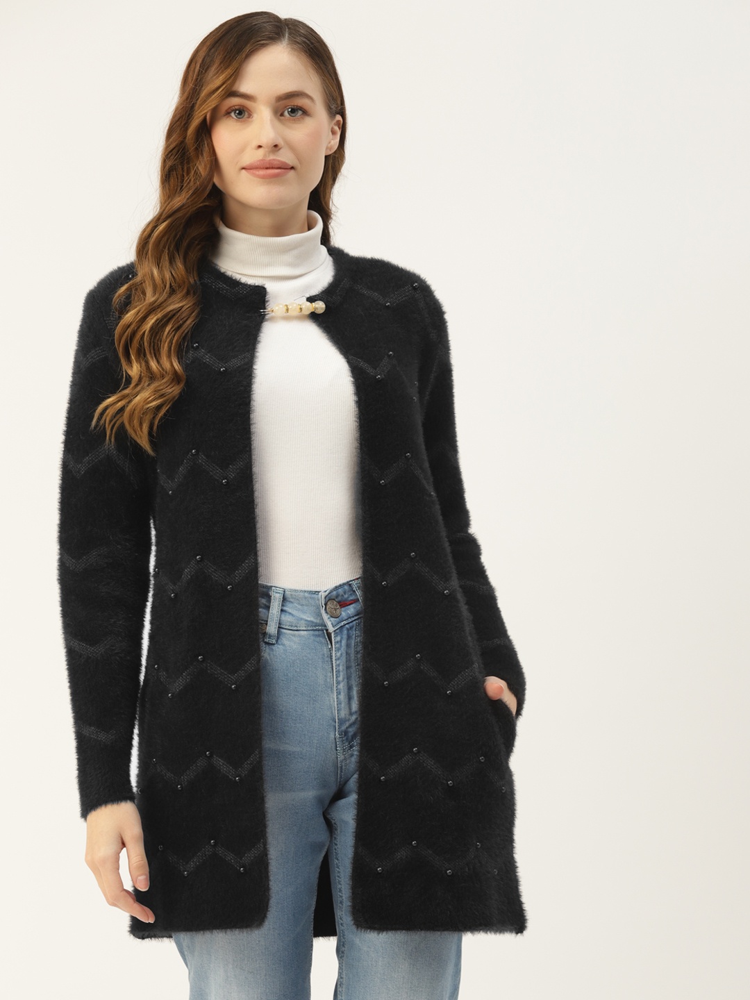 

BROOWL Black & Charcoal Grey Chevron Patterned Embellished Fuzzy Longline Button Shrug