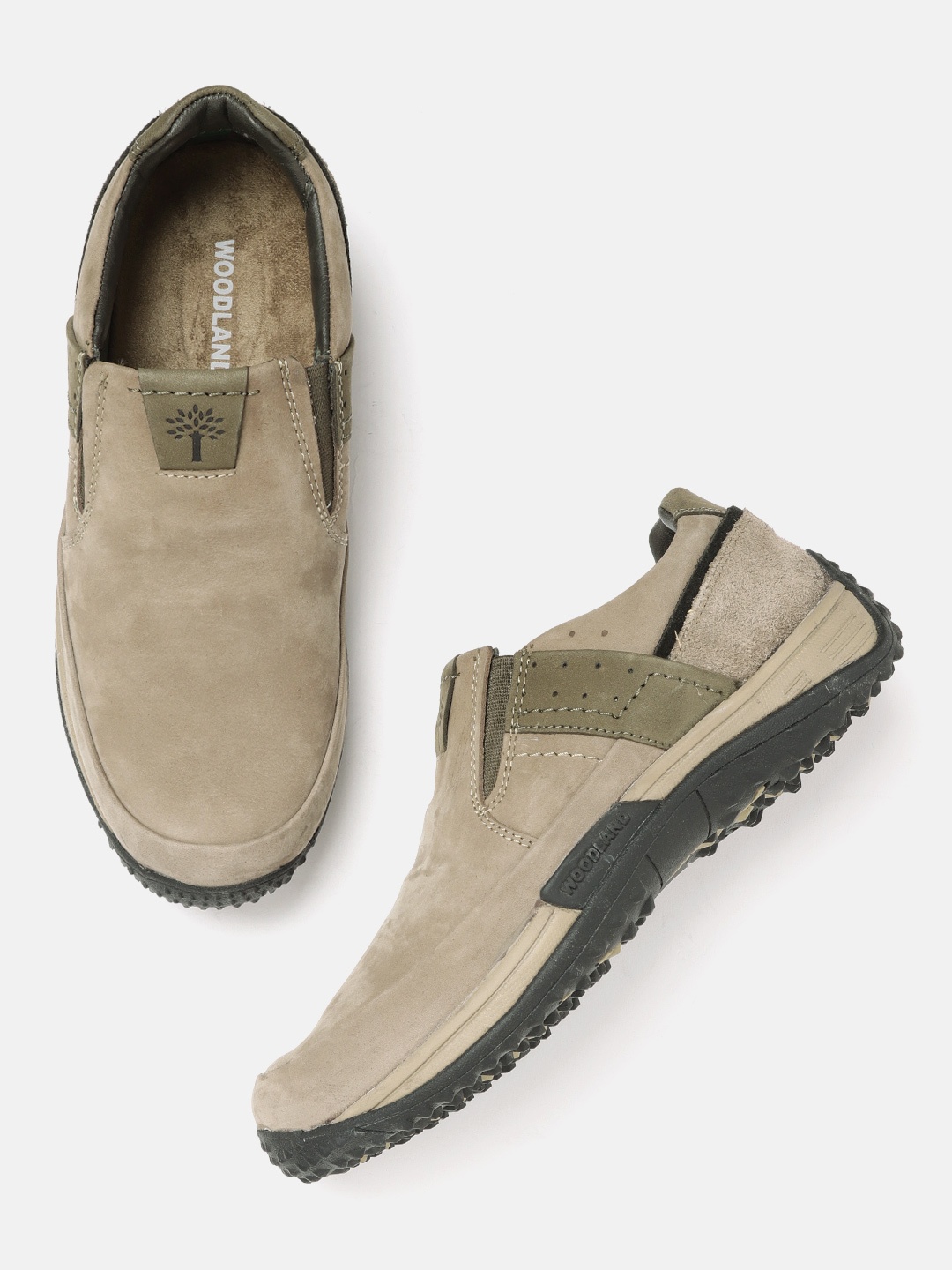 

Woodland Men Olive Green Solid Leather Driving Shoes with Striped Perforated Detail