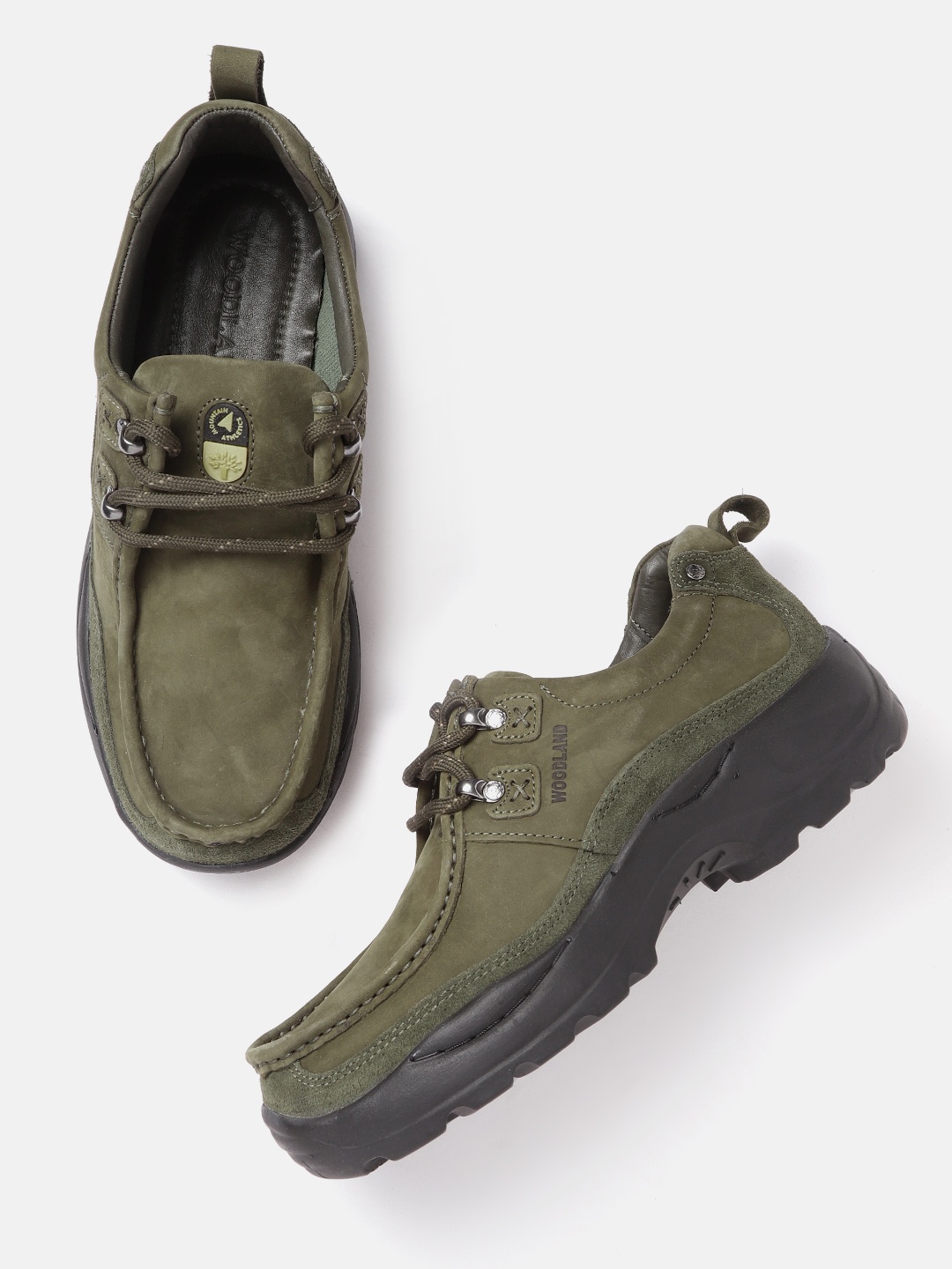 

Woodland Men Olive Green Solid Leather Sneakers