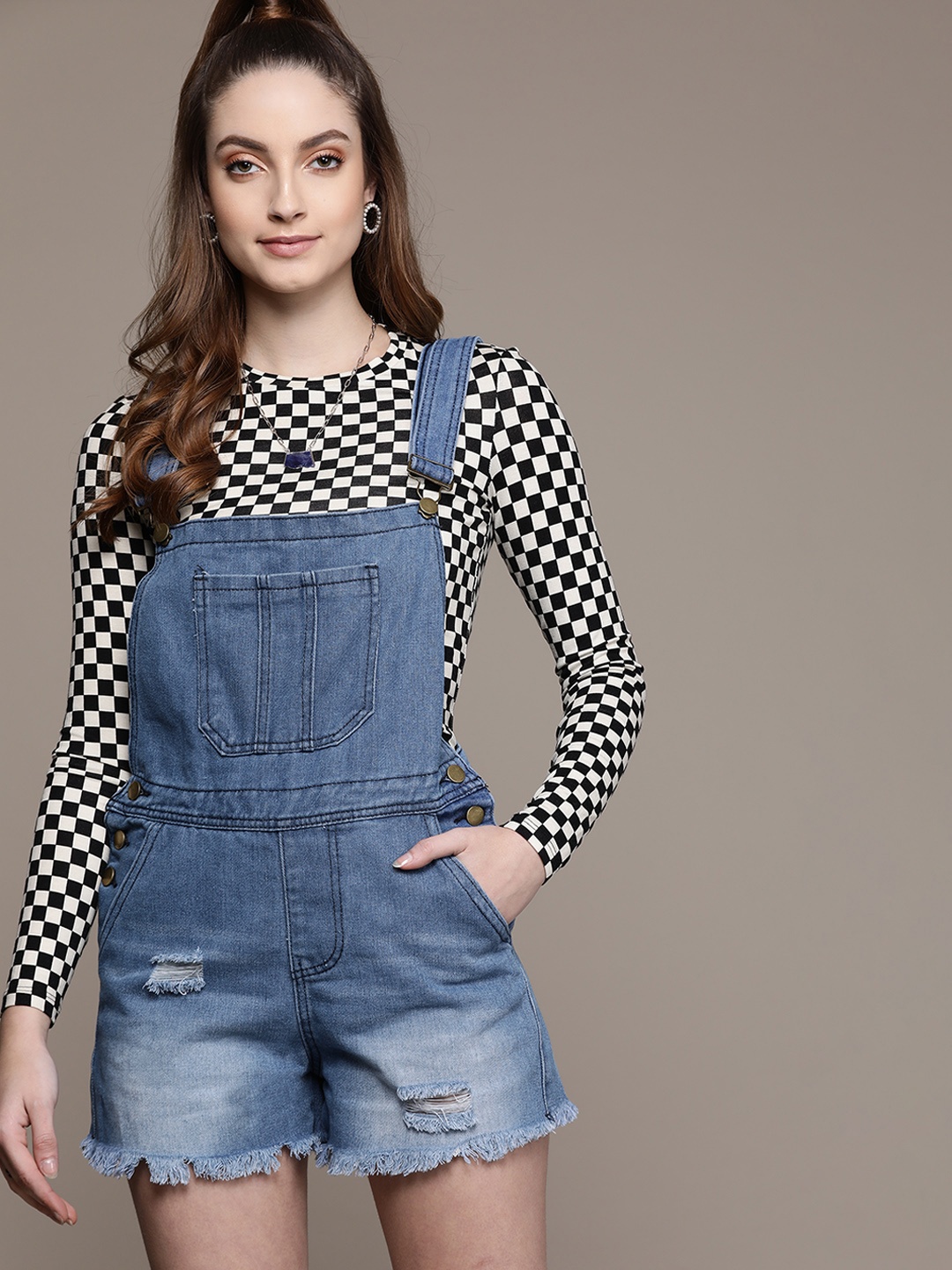 

URBANIC Women Blue Pure Cotton Mildly Distressed Dungarees