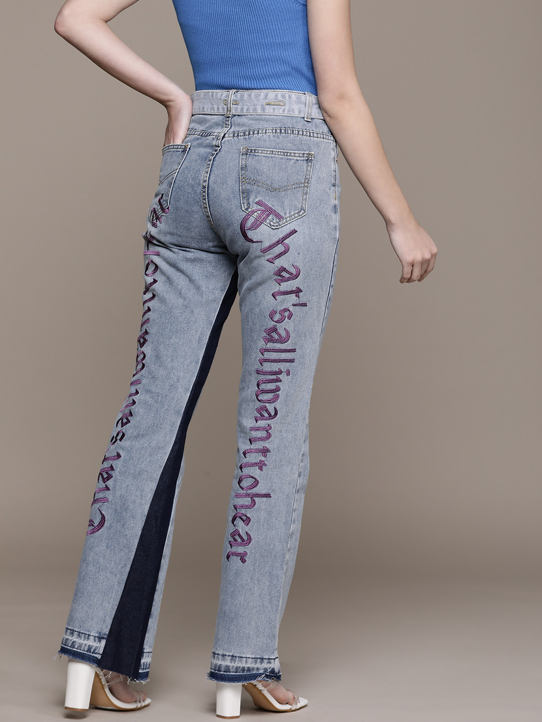

URBANIC Women Blue Pure Cotton Embroidered Back High Rise Jeans with Belt