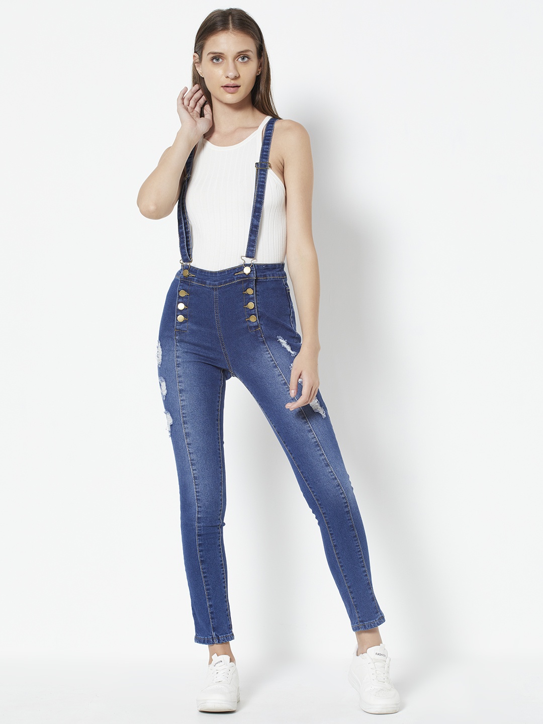 

URBANIC Women Blue Slim Fit Low Distressed Denim Dungarees