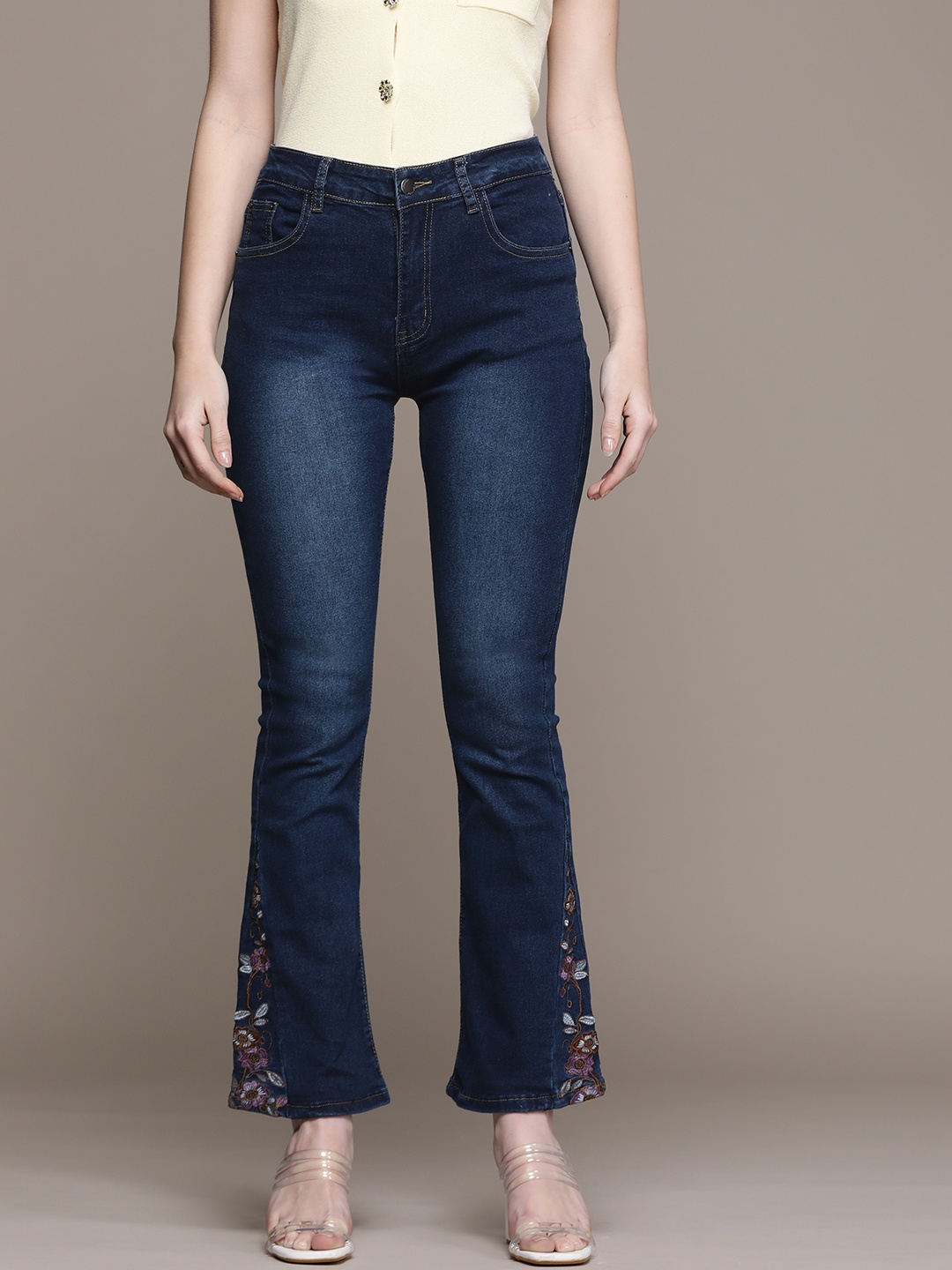 

URBANIC Women Navy Flared High-Rise Light Fade Embroidered Jeans, Navy blue