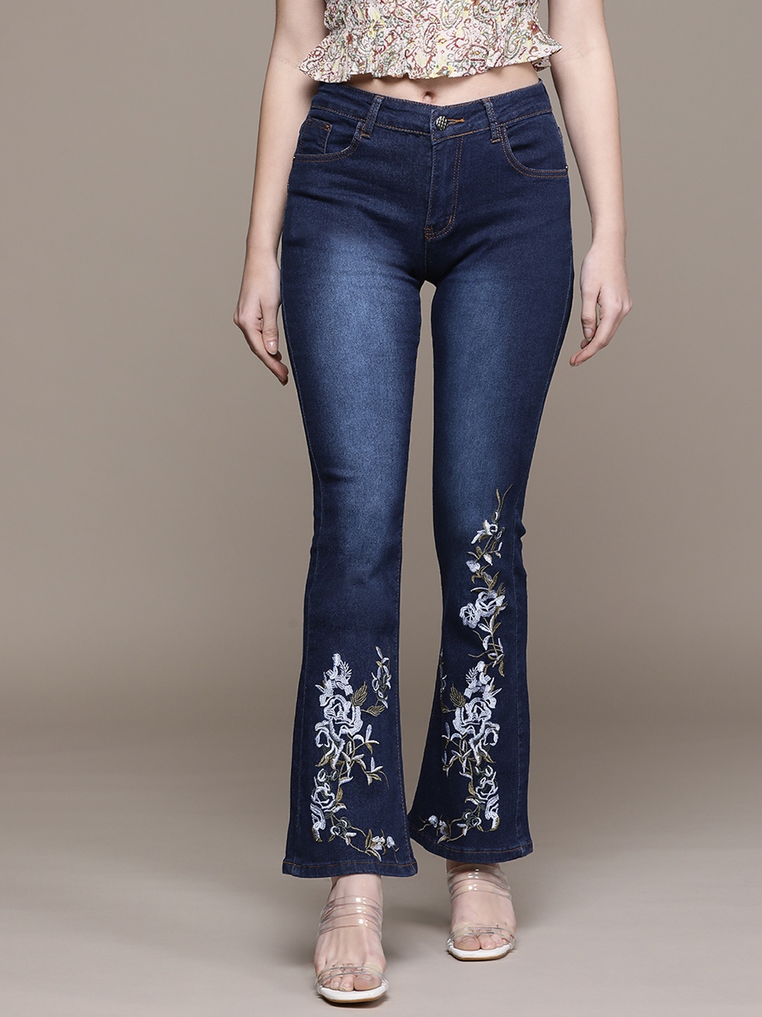 

URBANIC Women Navy Blue Pure Cotton High-Rise Light Fade Embroidered Jeans
