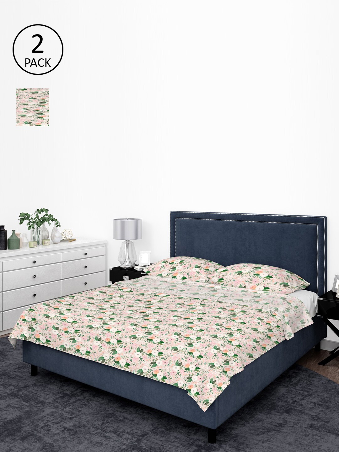 

happywagon Pink & Green Floral 300 TC Single Bedsheet with 2 Pillow Covers