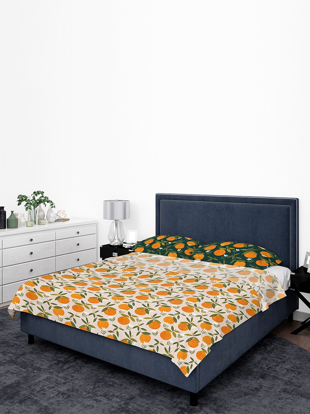 

happywagon Orange & Green Graphic 300 TC King Bedsheet with 2 Pillow Covers