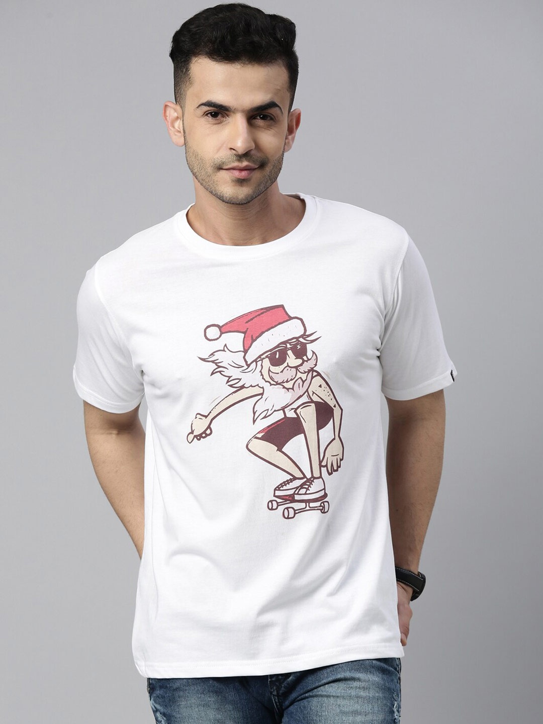

Bushirt Men White Printed Raw Edge T-shirt