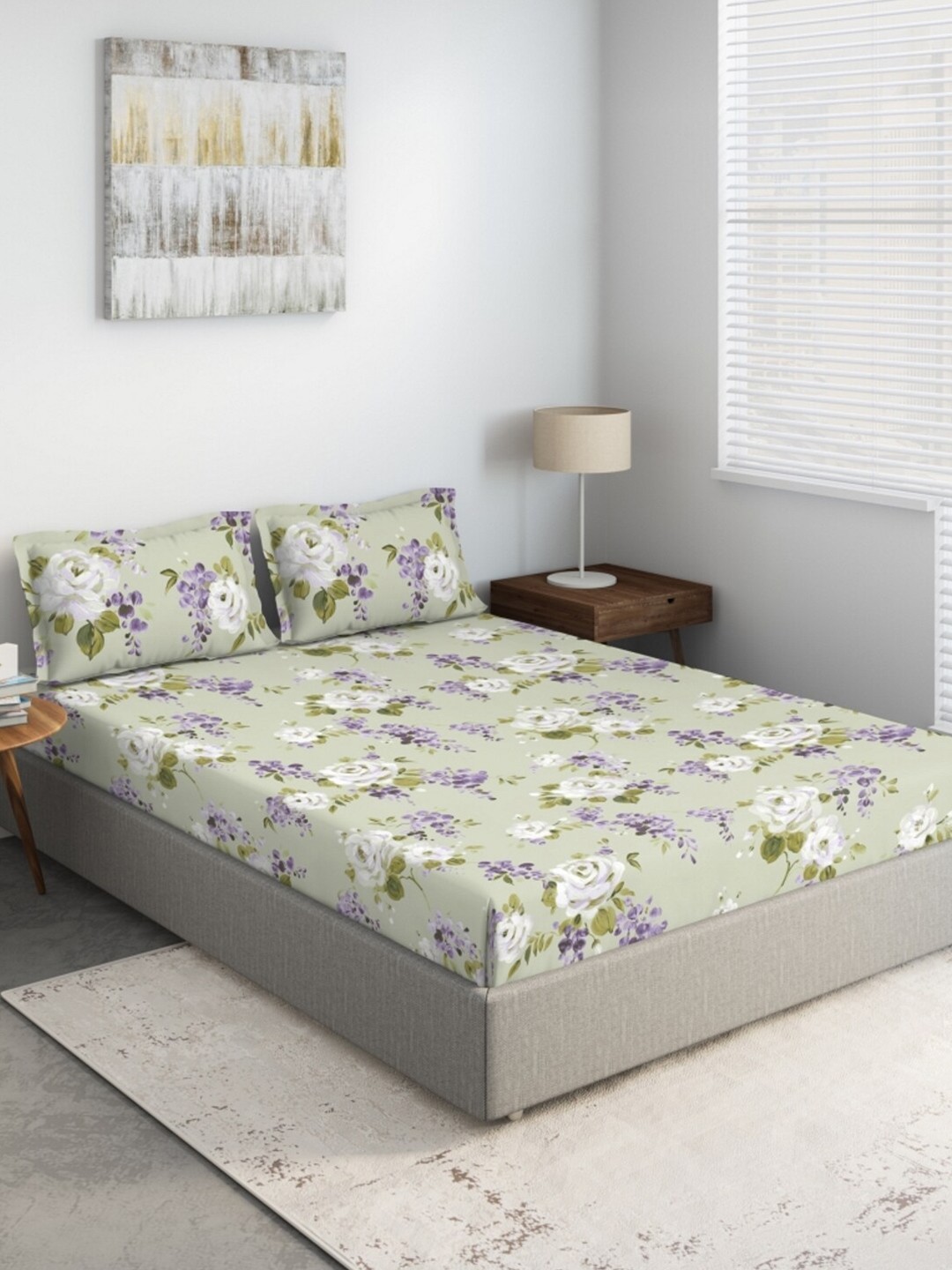 

DDecor Grey & Purple Floral Printed 140 TC Queen Cotton Bedsheet with 2 Pillow Covers