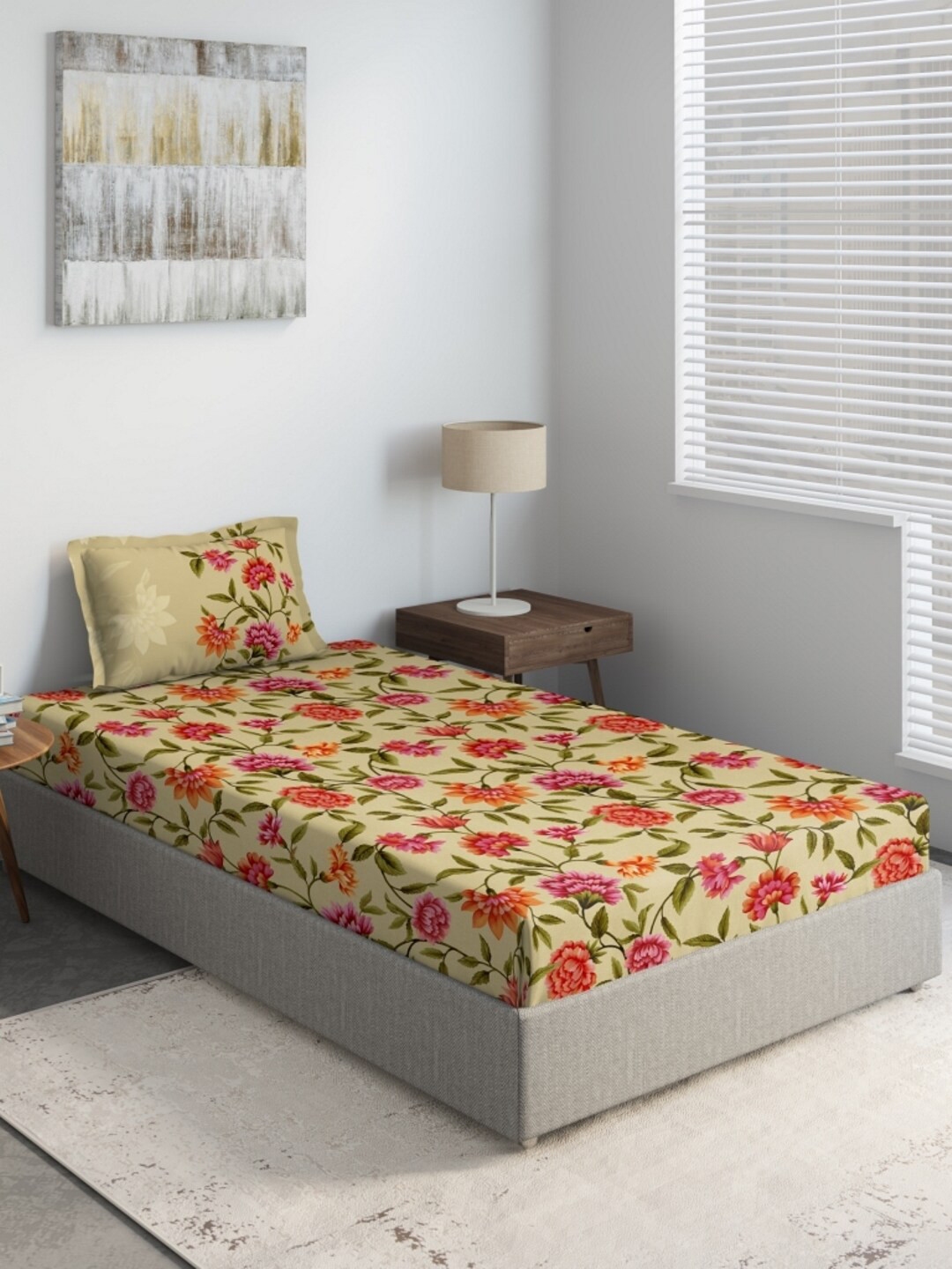 

DDecor Yellow & Magenta Floral 140 TC Single Bedsheet with 1 Pillow Covers
