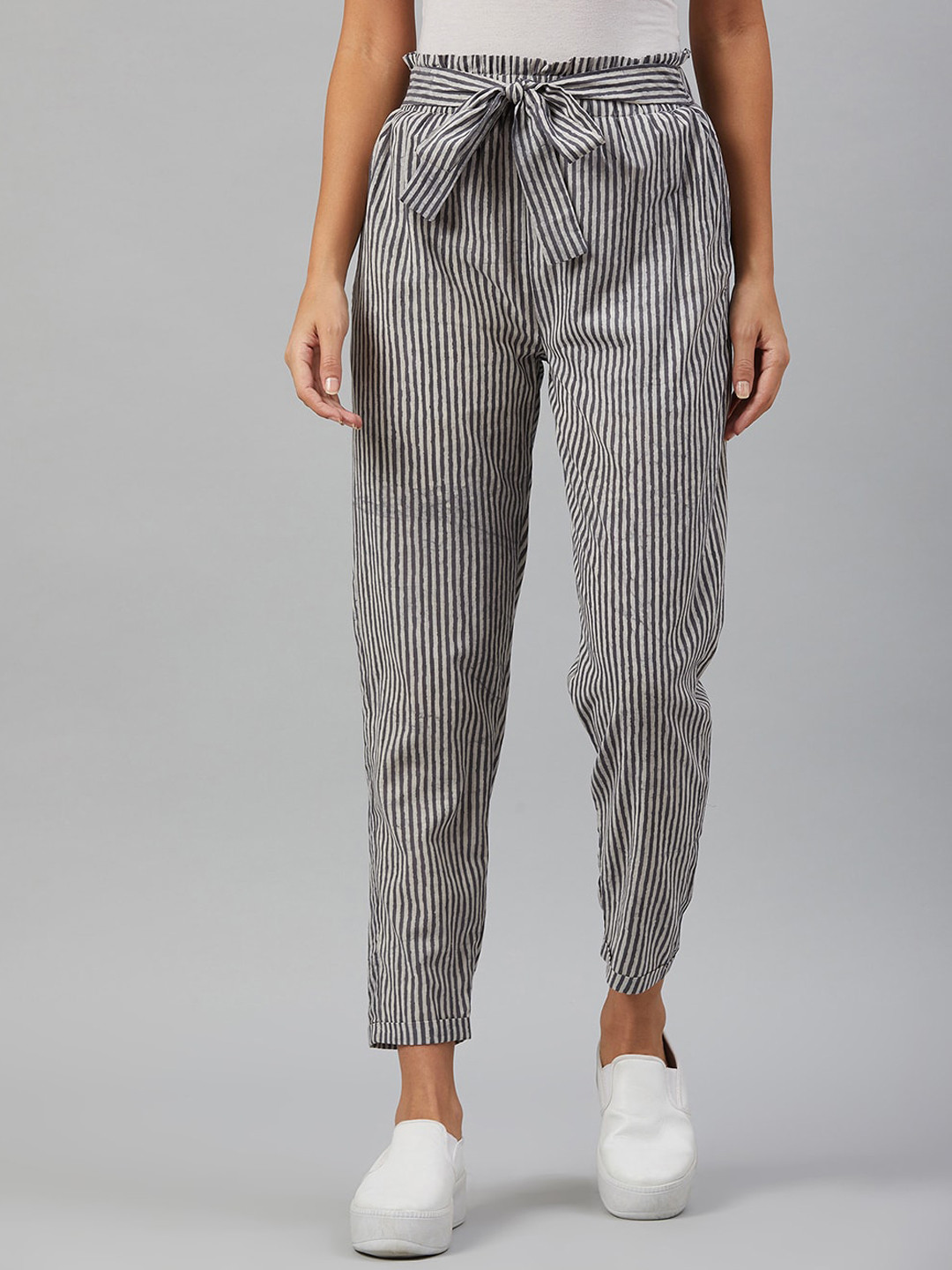 

Orchid Hues Women Grey Striped Tapered Fit High-Rise Pleated Trousers
