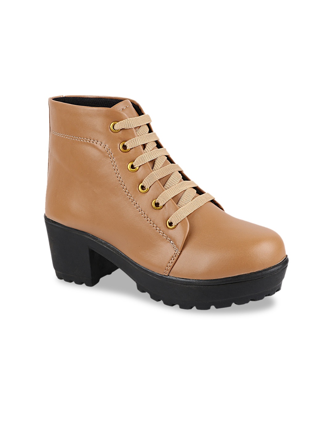 

Shoetopia Girls Beige & Black Solid Platform Heeled Boots