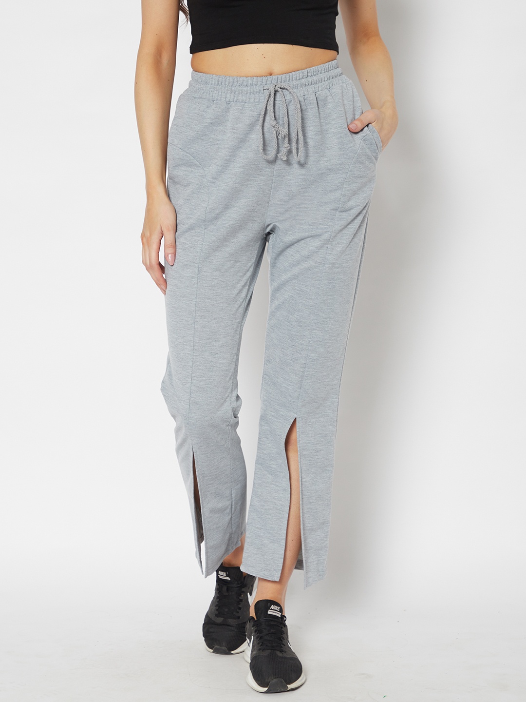 

URBANIC Women Grey Melange Solid Split Detail Track Pants