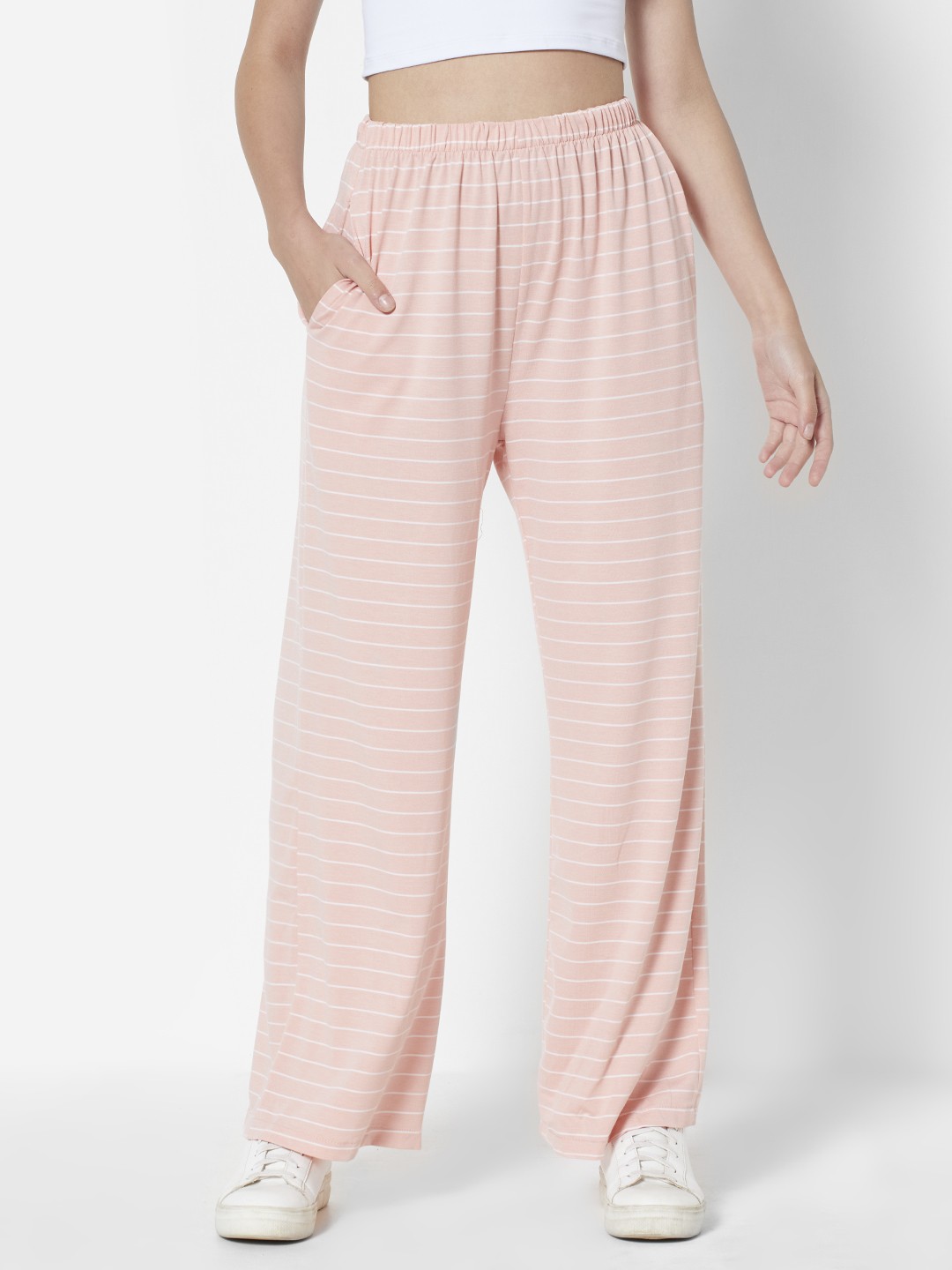 

URBANIC Women Pink Striped High-Rise Trousers