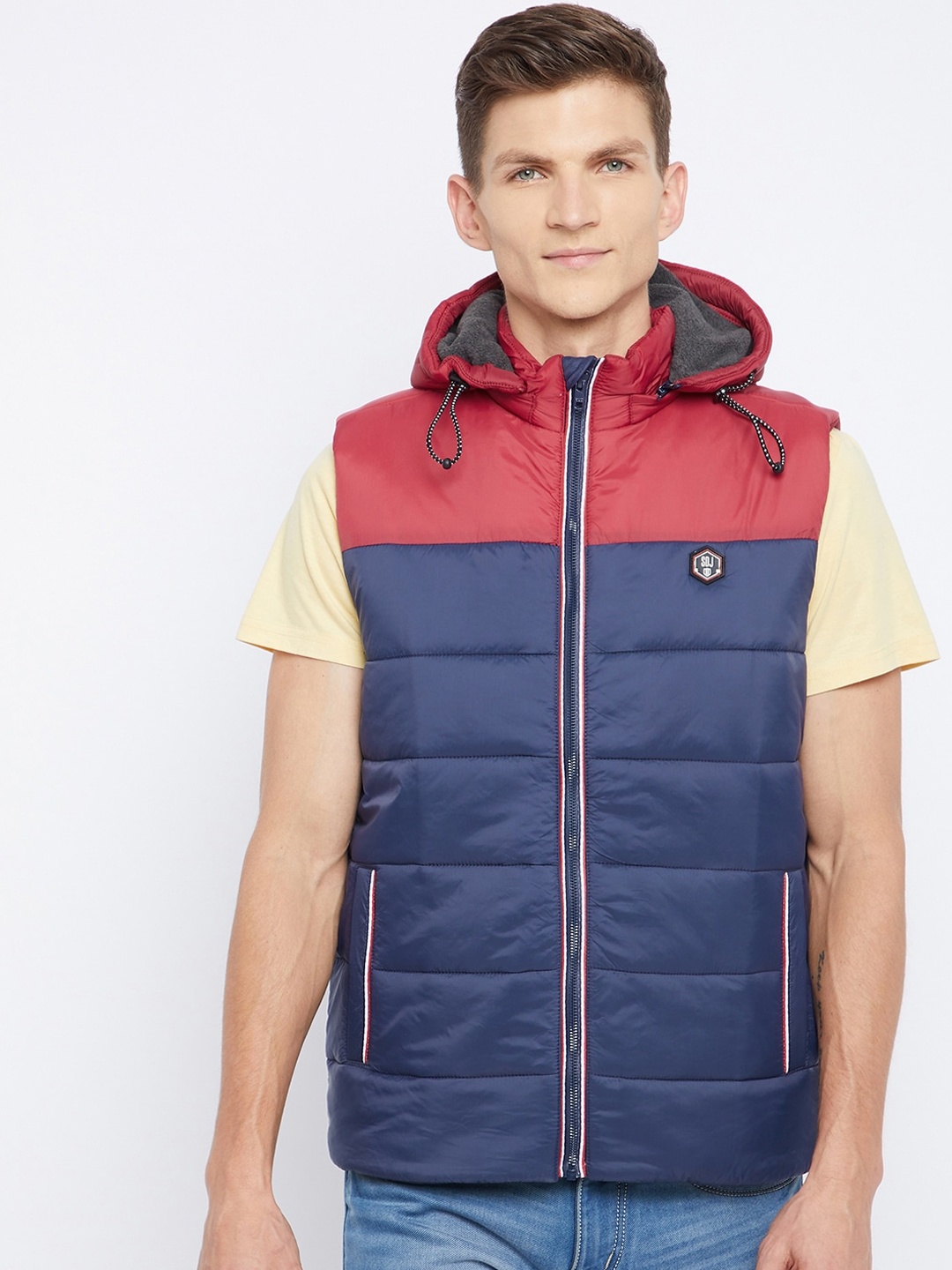 

Duke Men Blue Colourblocked Padded Jacket with Patchwork