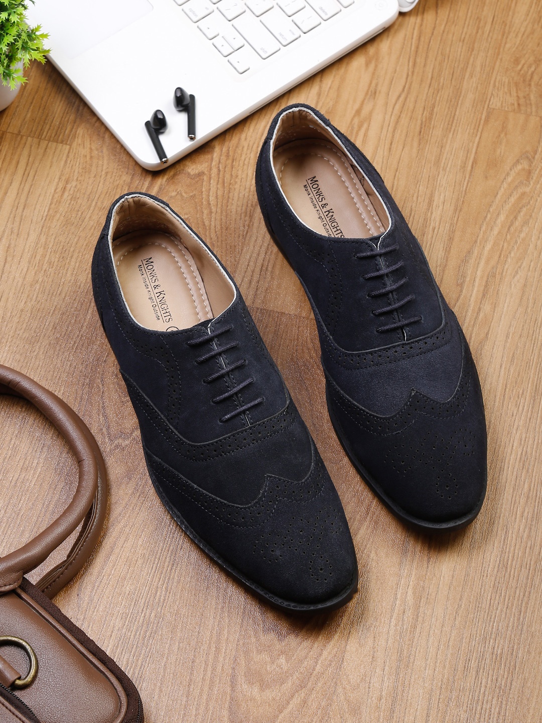 

MONKS & KNIGHTS Men Navy Blue Suede Leather Brogues