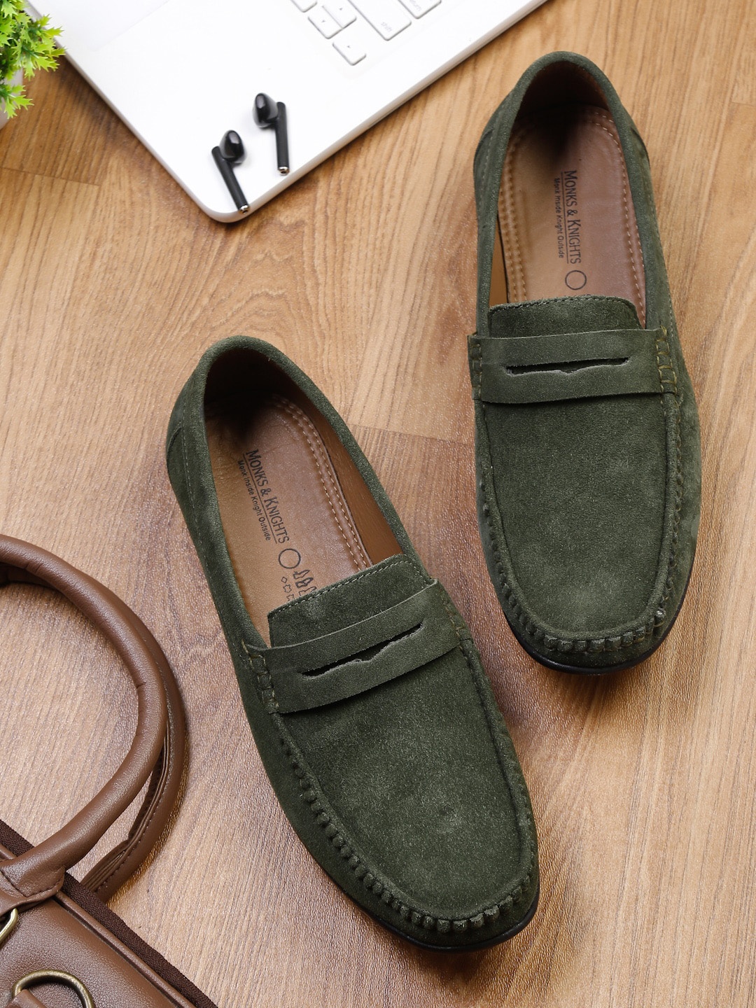 

MONKS & KNIGHTS Men Green Suede Leather Loafers