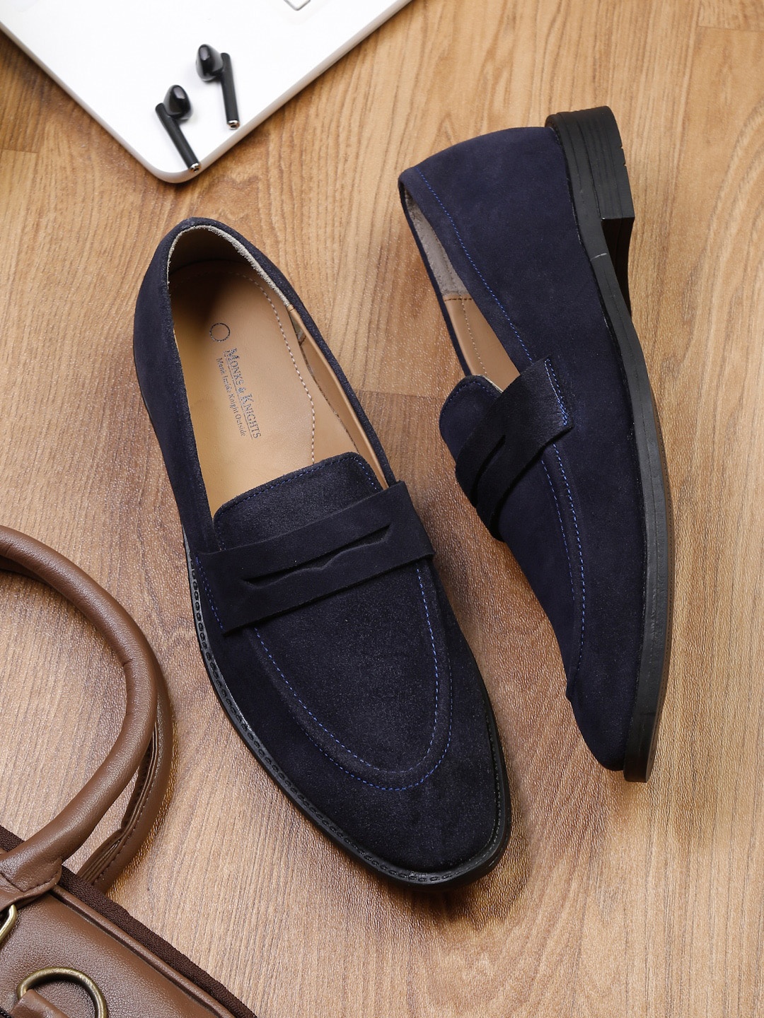 

MONKS & KNIGHTS Men Navy Blue Suede Leather Loafers