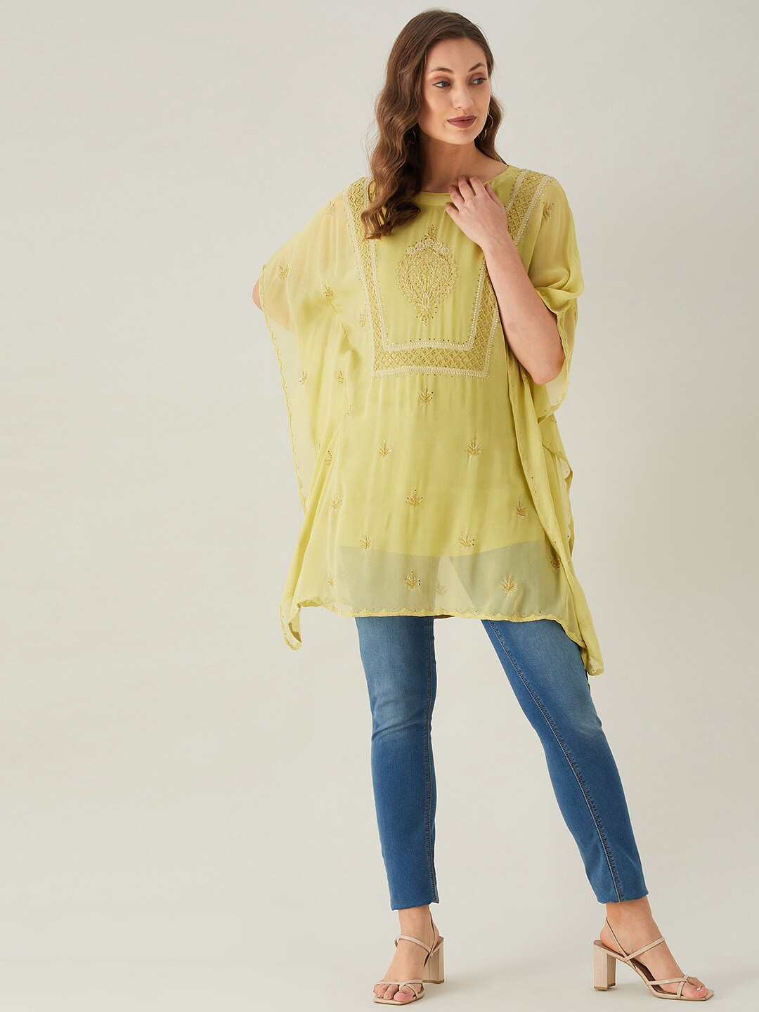 

The Kaftan Company Green Geometric Embroidered Extended Sleeves Sheer Georgette Kaftan Top