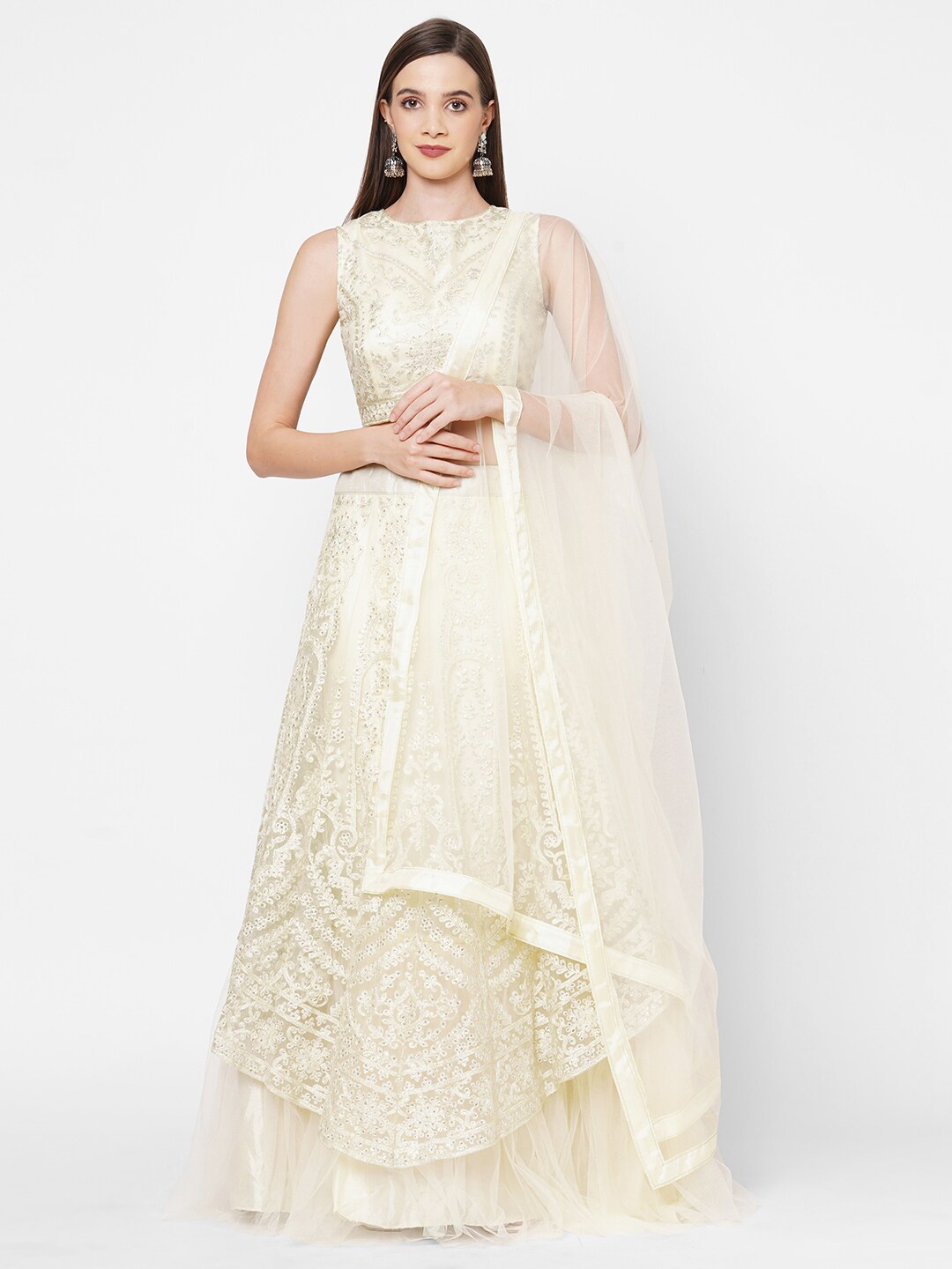 

RedRound Beige Embroidered Sequinned Semi-Stitched Lehenga Choli With Dupatta