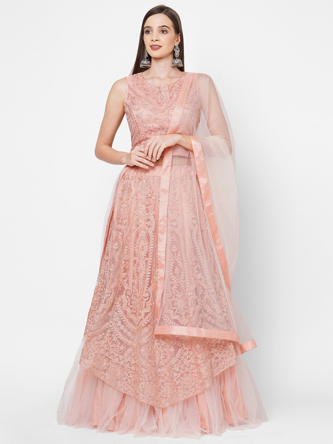 

RedRound Peach-Coloured Embroidered Sequinned Semi-Stitched Lehenga & Unstitched Blouse With Dupatta