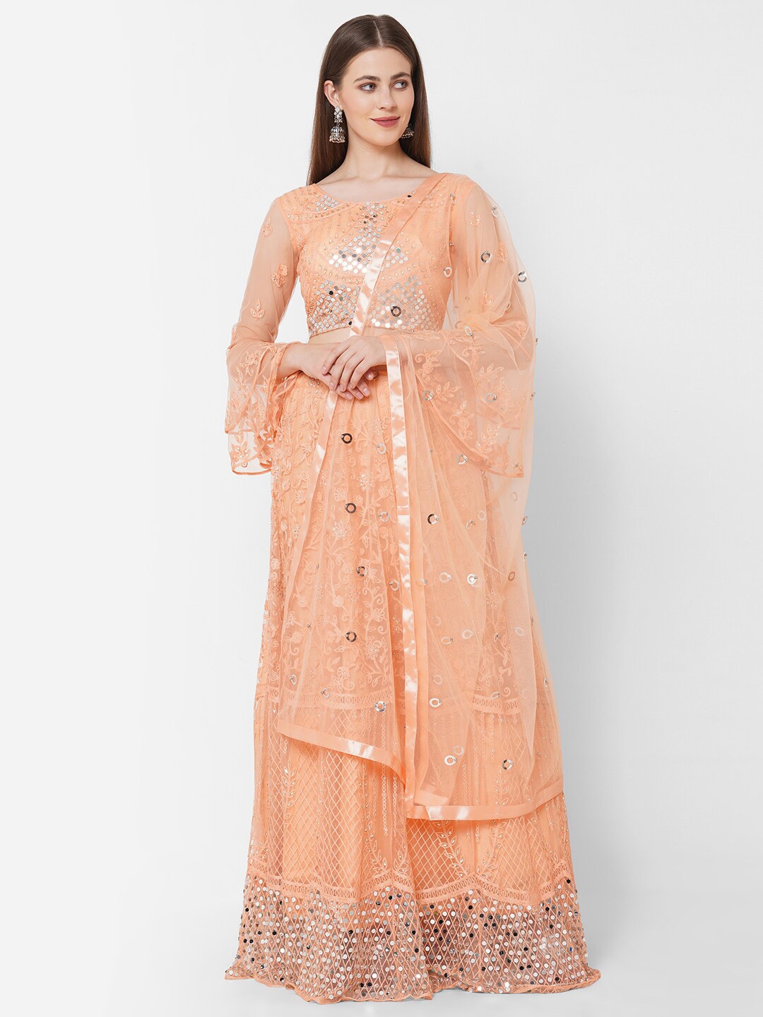 

RedRound Women Peach Net Semi Stitched Lehenga Choli with Dupatta
