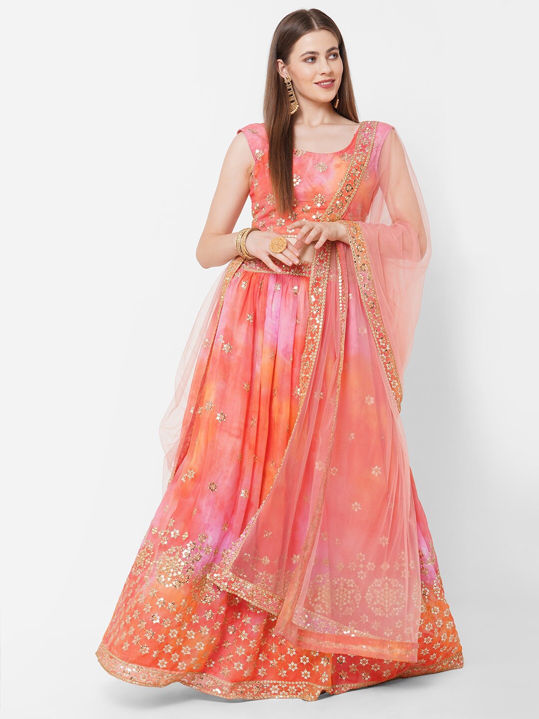 

RedRound Orange Embroidered Sequinned Semi-Stitched Lehenga & Unstitched Blouse With Dupatta
