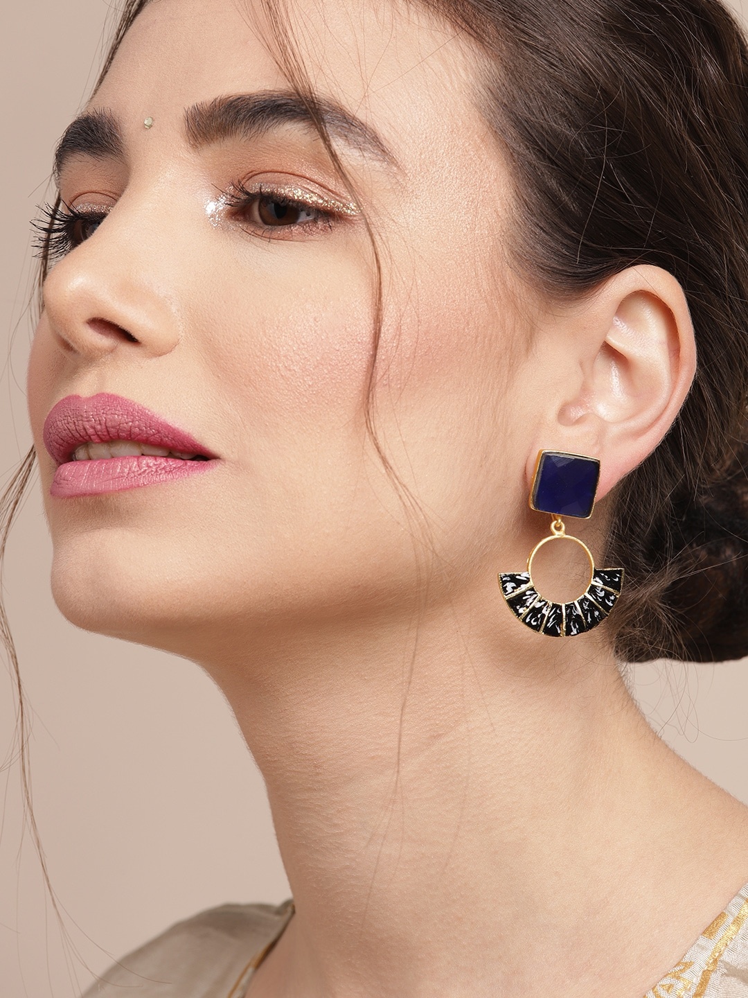 

Sangria Gold-Toned & Navy Blue Stone Studded Enamelled Geometric Drop Earrings