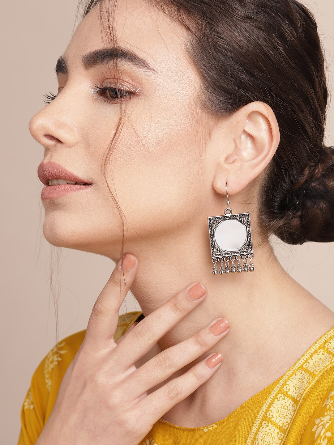 

Sangria Silver-Toned Oxidised Classic Mirror Drop Earrings