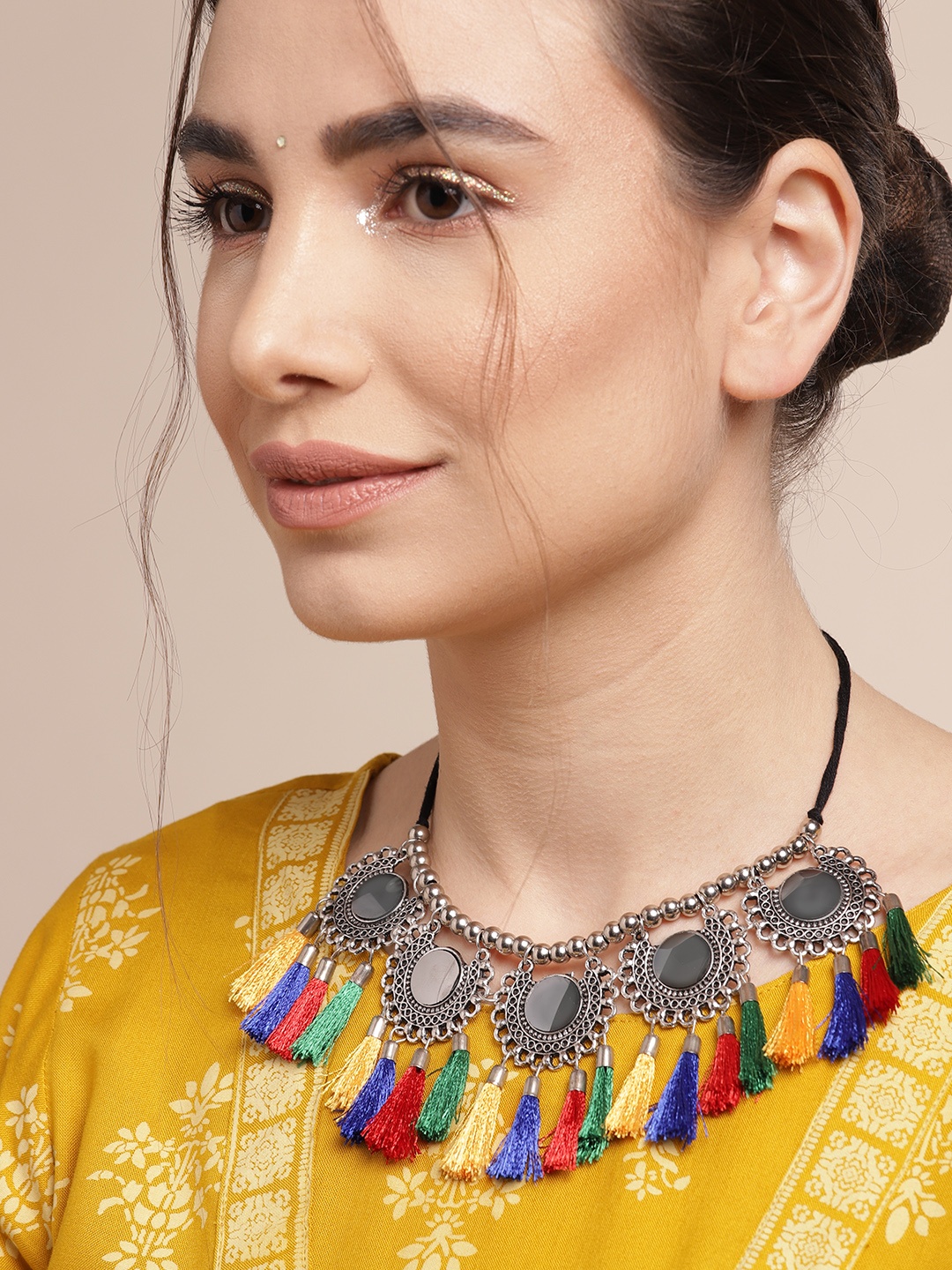 

Sangria Oxidised Silver-Toned & Blue Tasselled Mirror Necklace