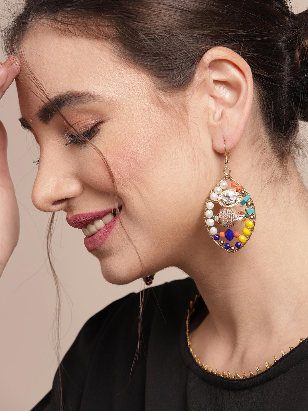 

Sangria Gold-Toned & White Stone Studded & Beaded Leaf Shaped Drop Earrings