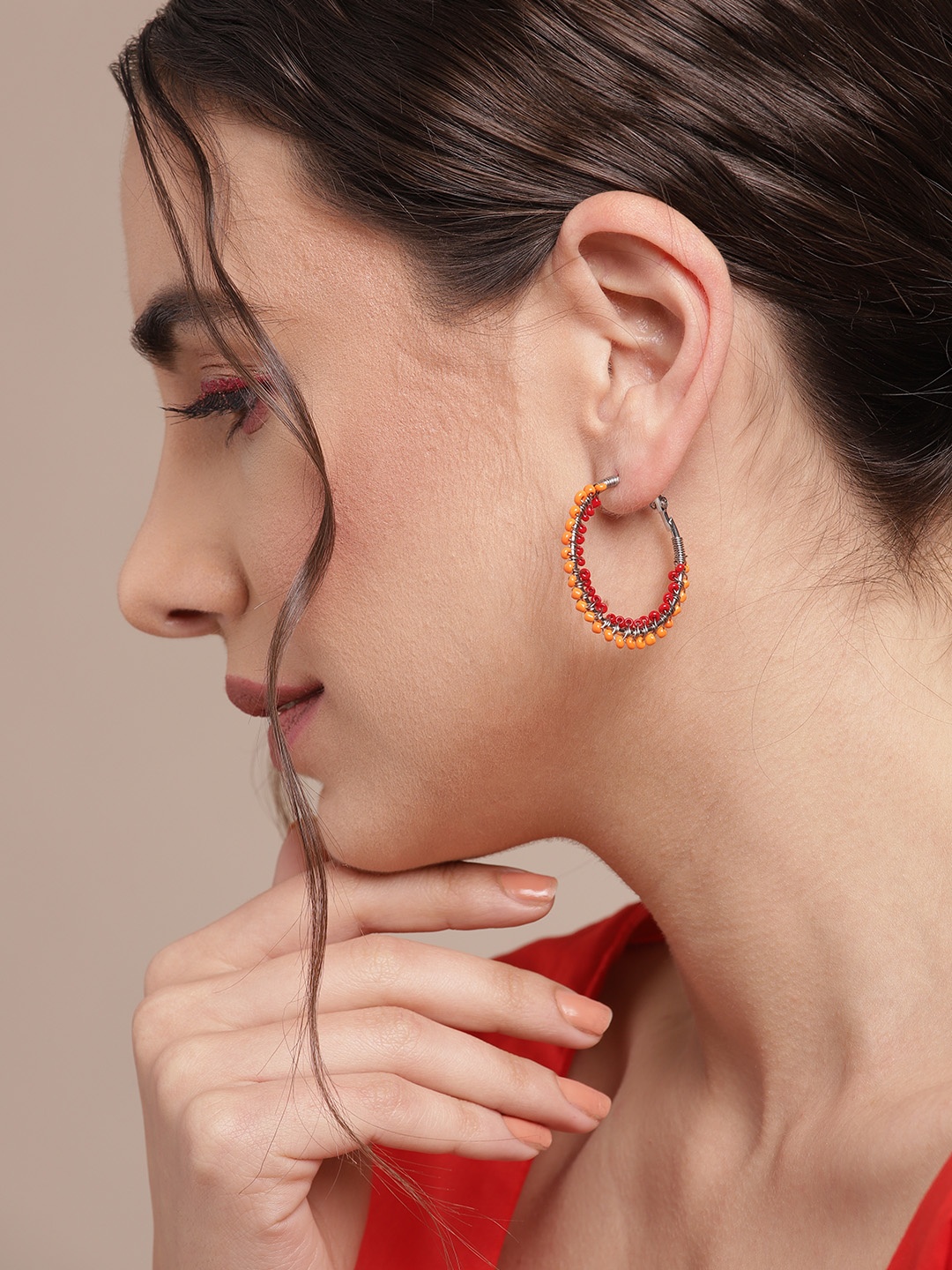 

Sangria Orange & Red Beaded Circular Hoop Earrings
