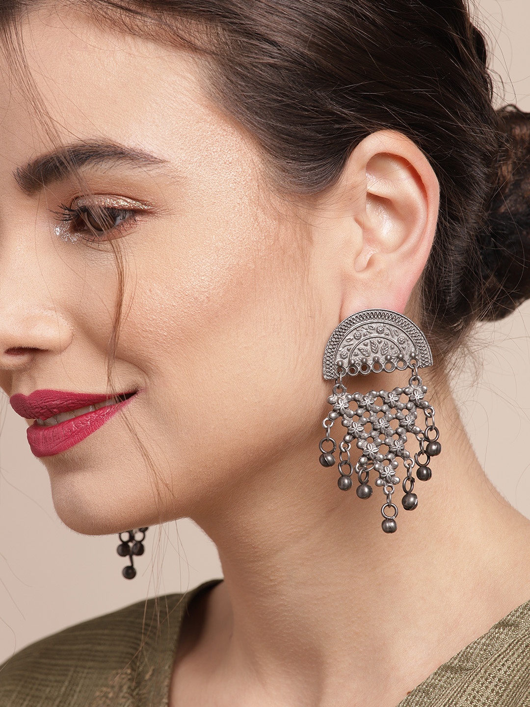 

Sangria Silver-Toned Oxidised Classic Drop Earrings with Ghungroo Danglers