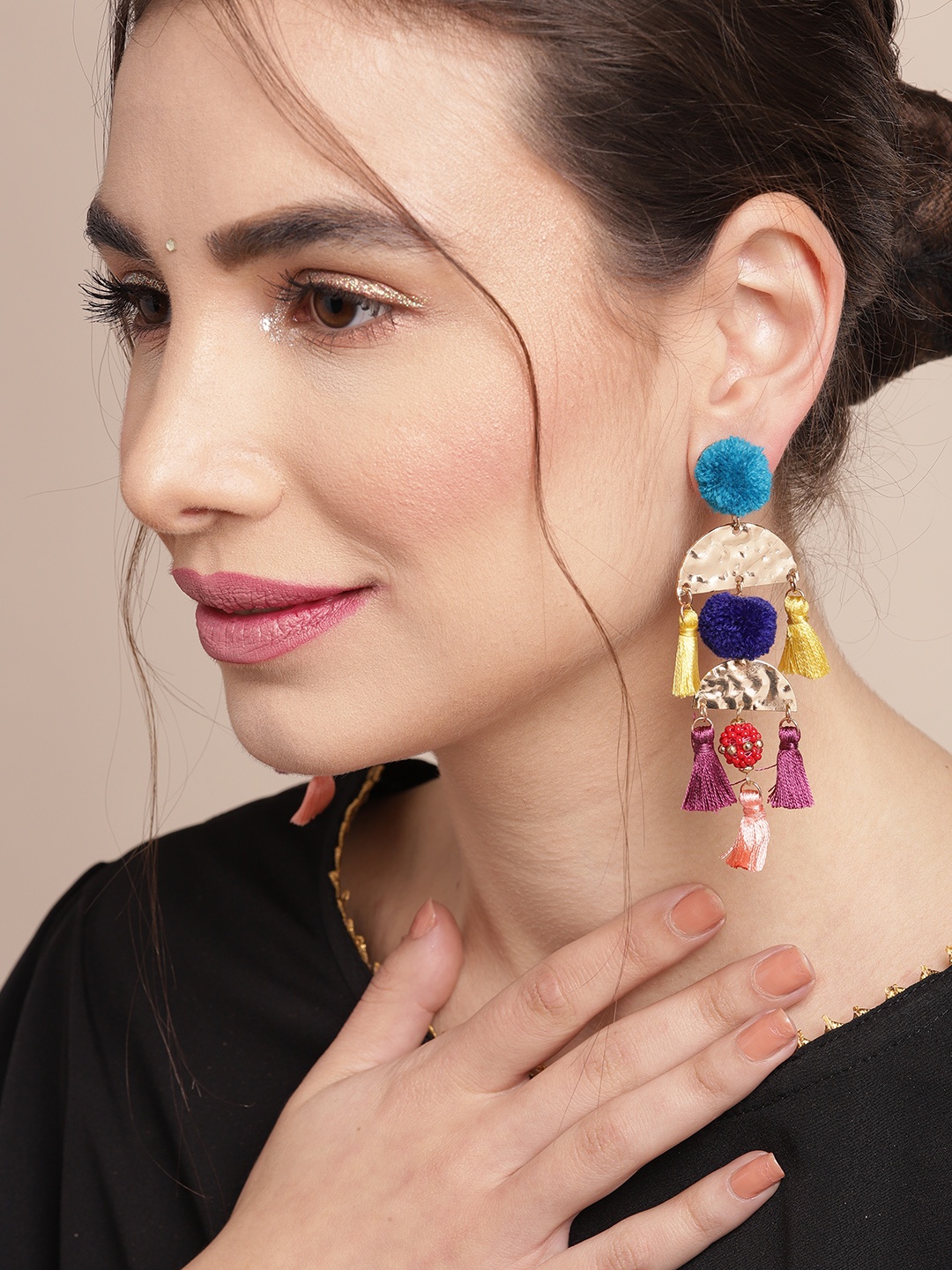 

Sangria Blue & Gold-Toned Contemporary Drop Earrings with Pom-Pom & Tassle